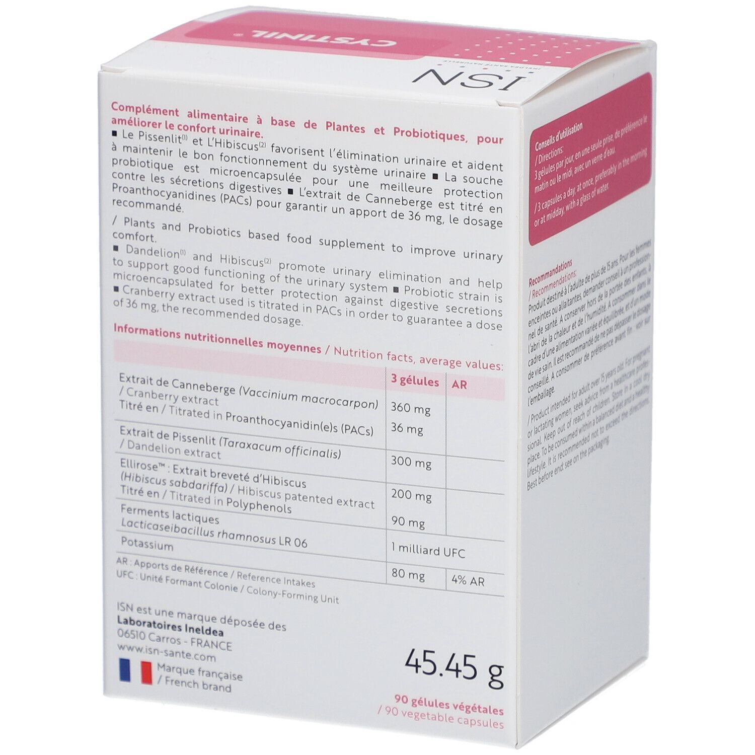 Dos de la boîte blanche. Texte: Complement alimentaire, Informations nutritionnelles moyennes. Contient 45.45g.