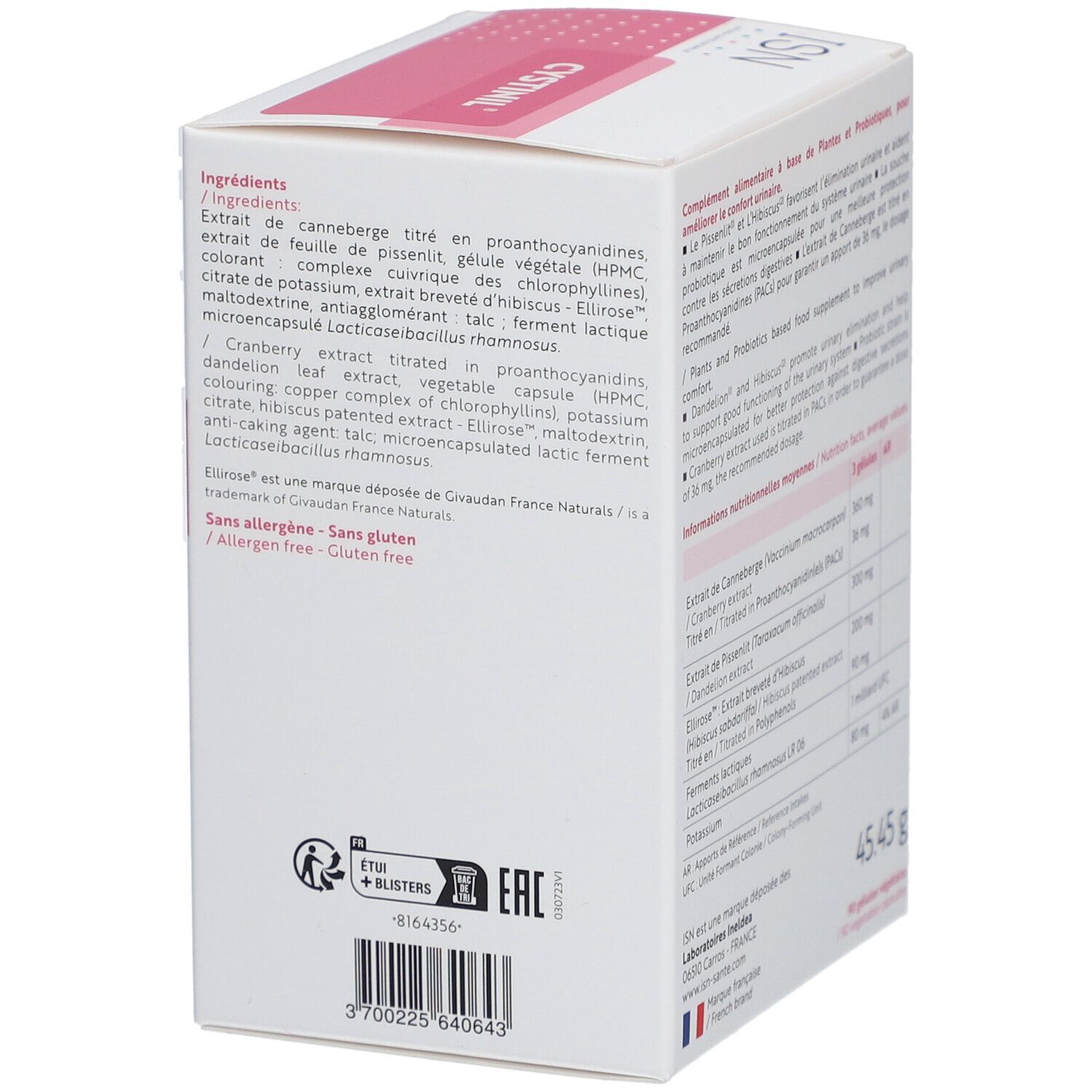 Dos de la boîte blanche. Texte: Ingrédients, Sans allergène - Gluten free. Contient 45.45g.