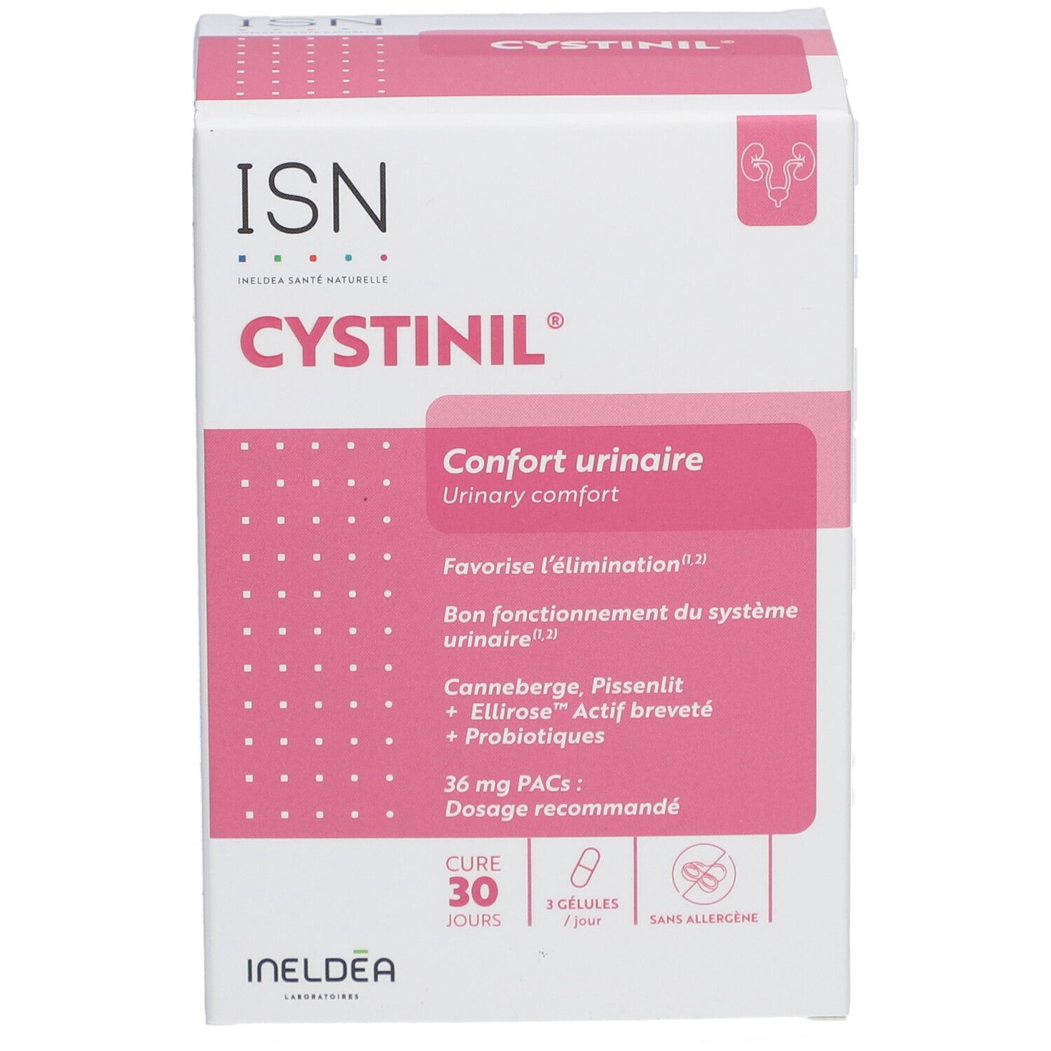 Boîte blanche et rose. Inscription ISN Cystinil. Contient 30 gélules. Texte: Confort urinaire.