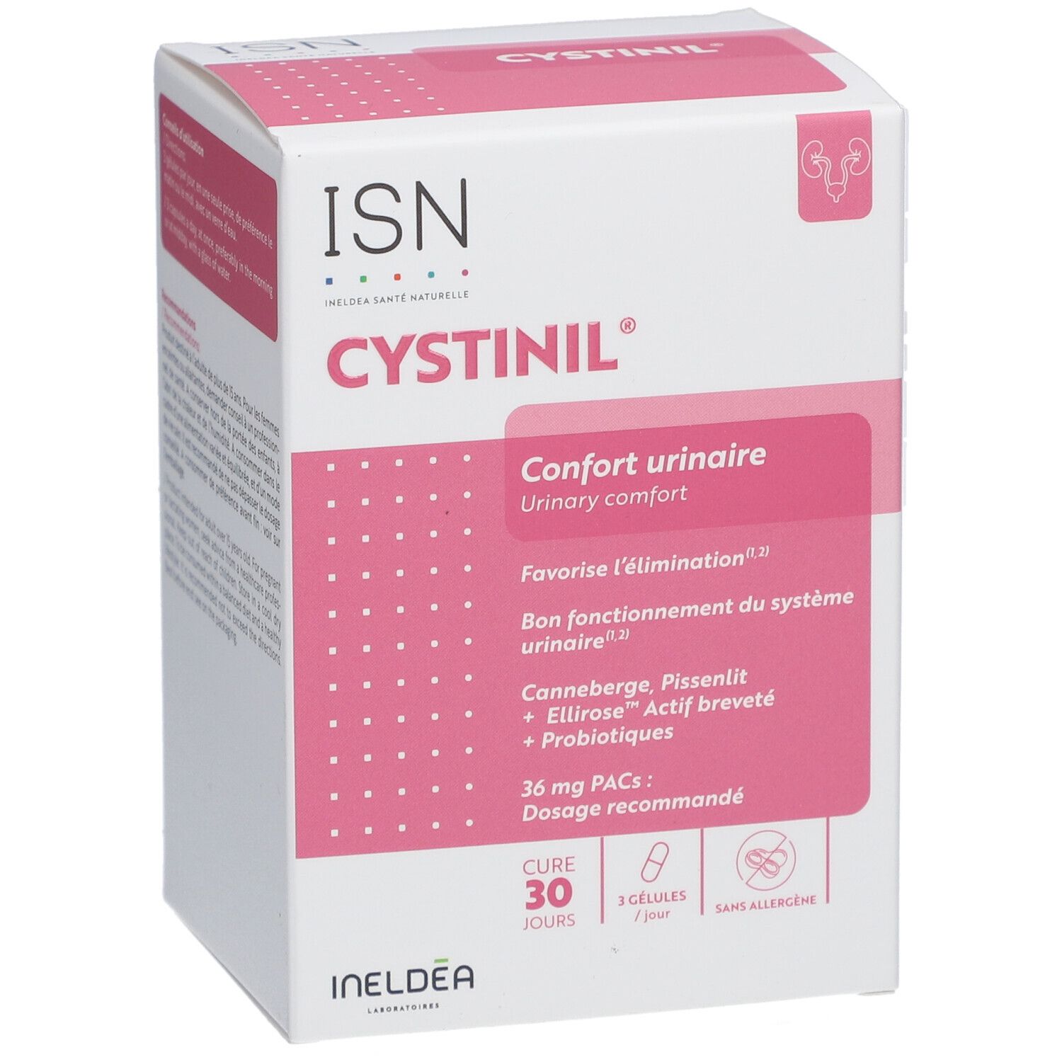 Boîte blanche et rose. Inscription ISN Cystinil. Contient 30 gélules. Texte: Confort urinaire.