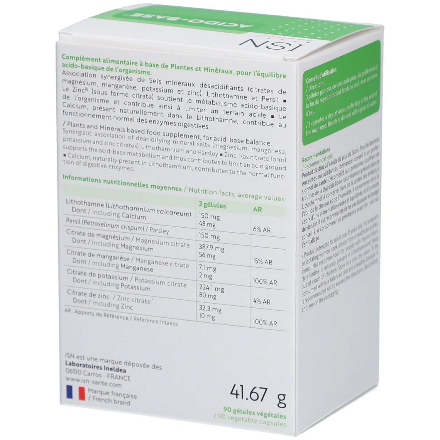 Vue latérale de la boîte. Texte en français. Ingrédients et valeurs nutritionnelles. Poids : 41,67 g.