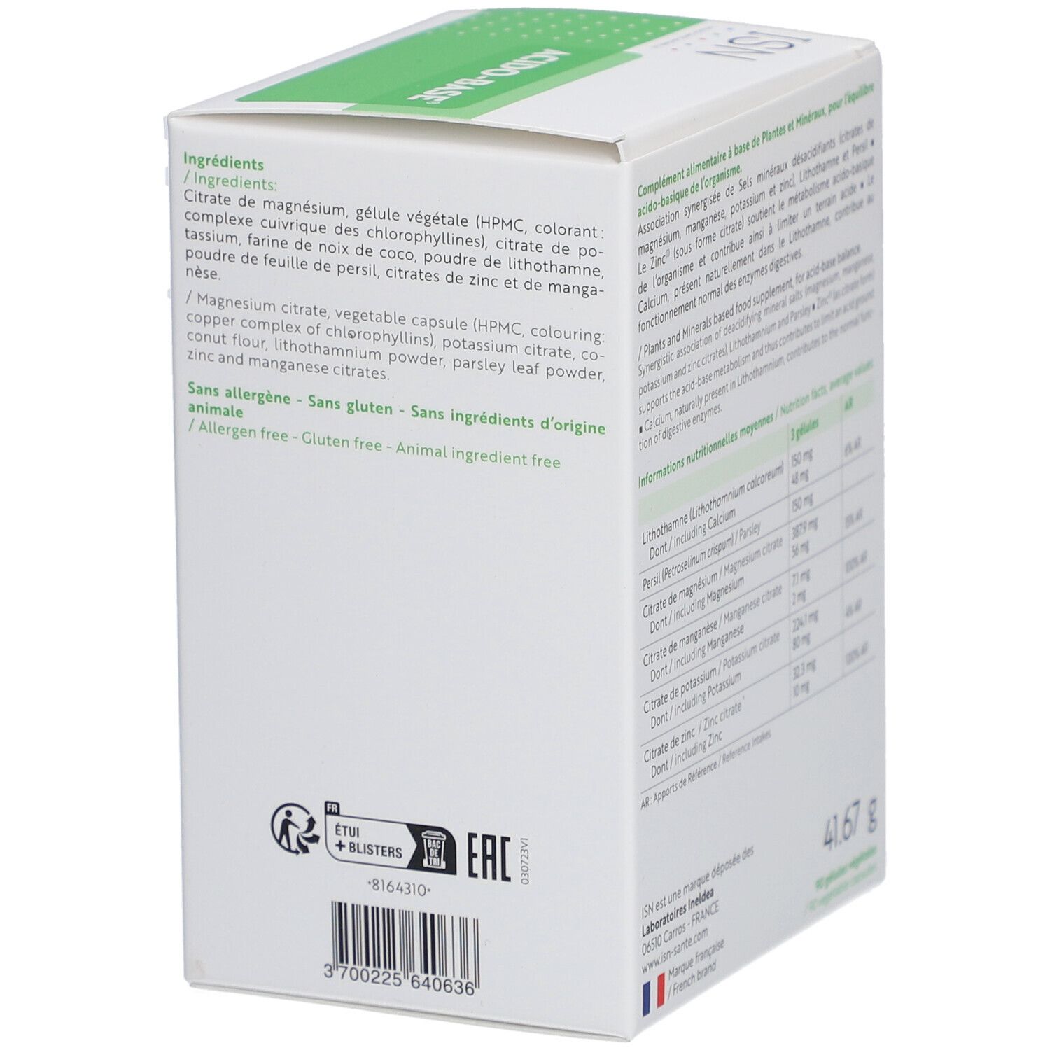 Dos de la boîte. Texte en français. Ingrédients et valeurs nutritionnelles. Poids : 41,67 g.