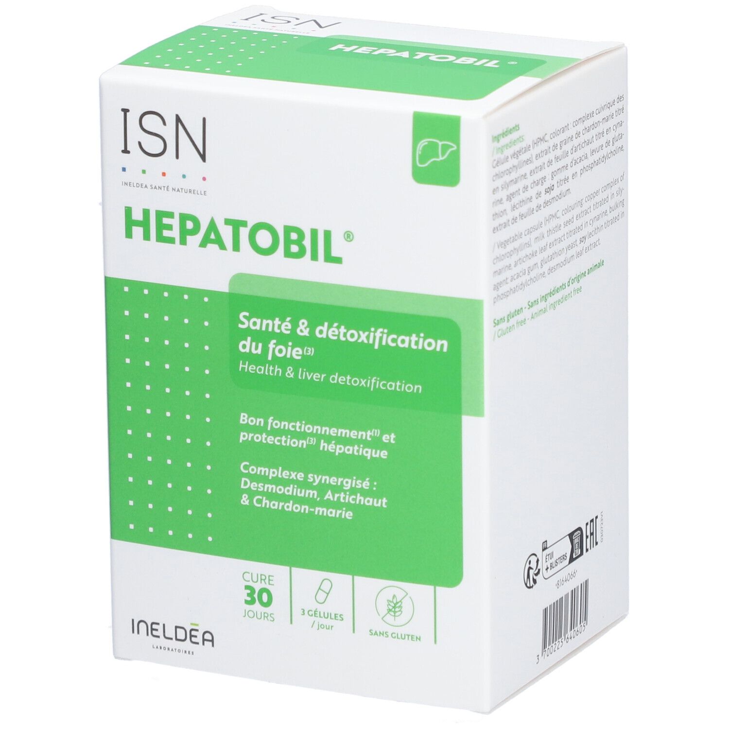 Boîte ISN Hepatobil. Emballage vert et blanc. Texte: Santé & détoxification du foie. 30 gélules, sans gluten.