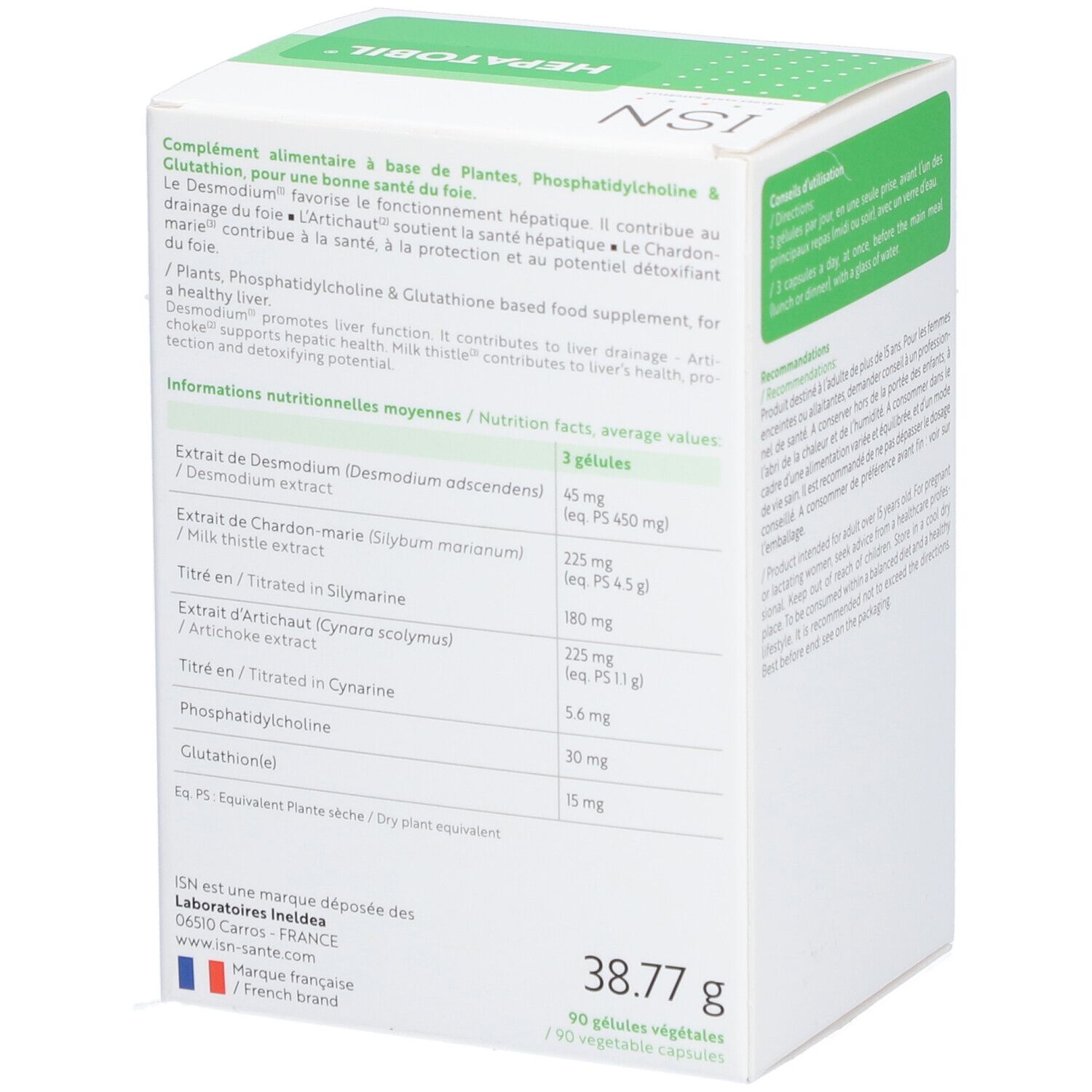 Boîte ISN Hepatobil, dos avec ingrédients et informations nutritionnelles. 90 gélules, 38.77g.