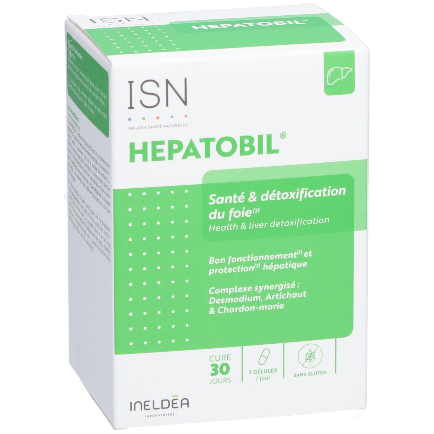 Boîte ISN Hepatobil. Emballage vert et blanc. Texte: Santé & détoxification du foie. 30 gélules, sans gluten.