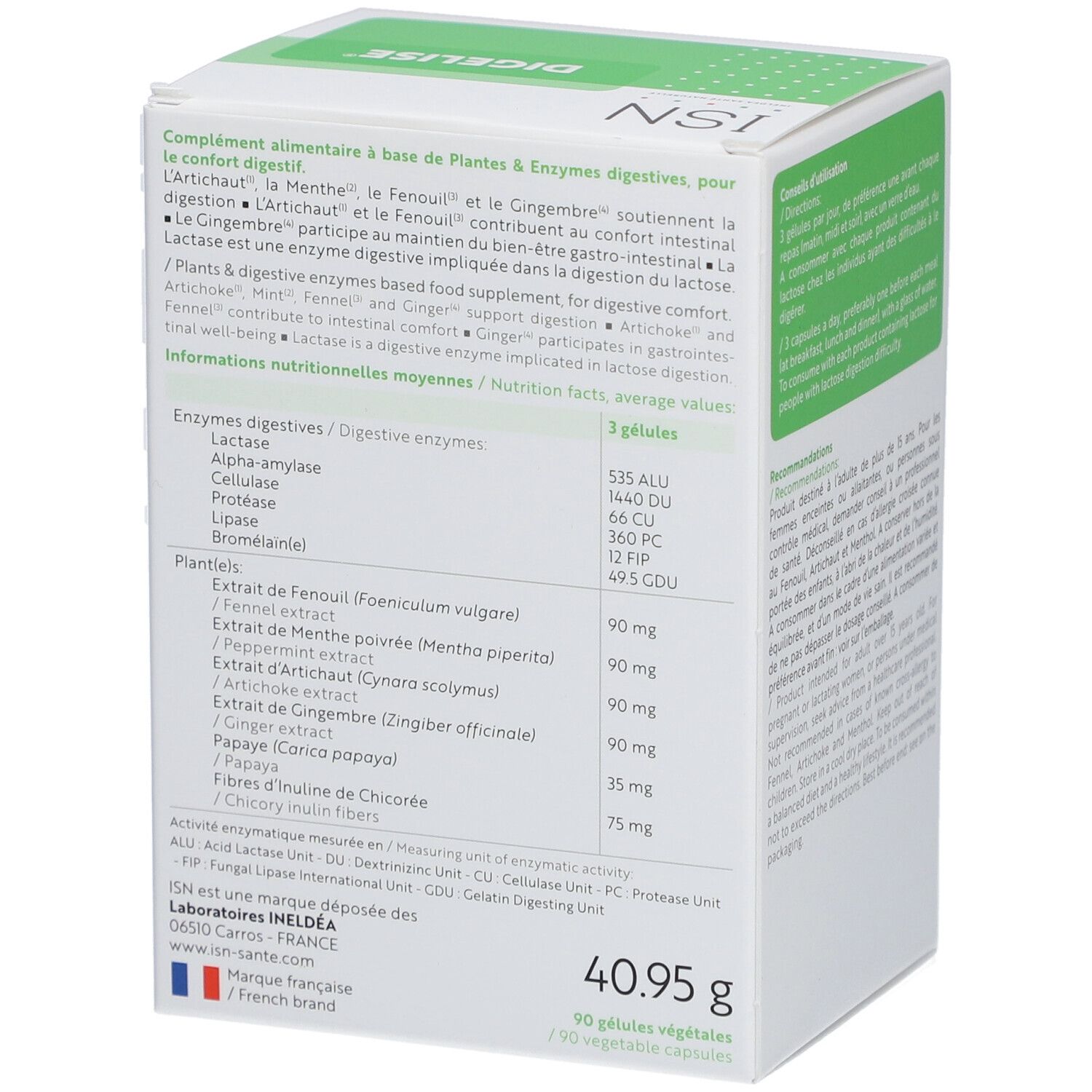 Boîte blanche avec étiquette verte. Inscription: ISN Digelise, Confort digestif. 30 gélules, 7 par jour. Sans allergène.
