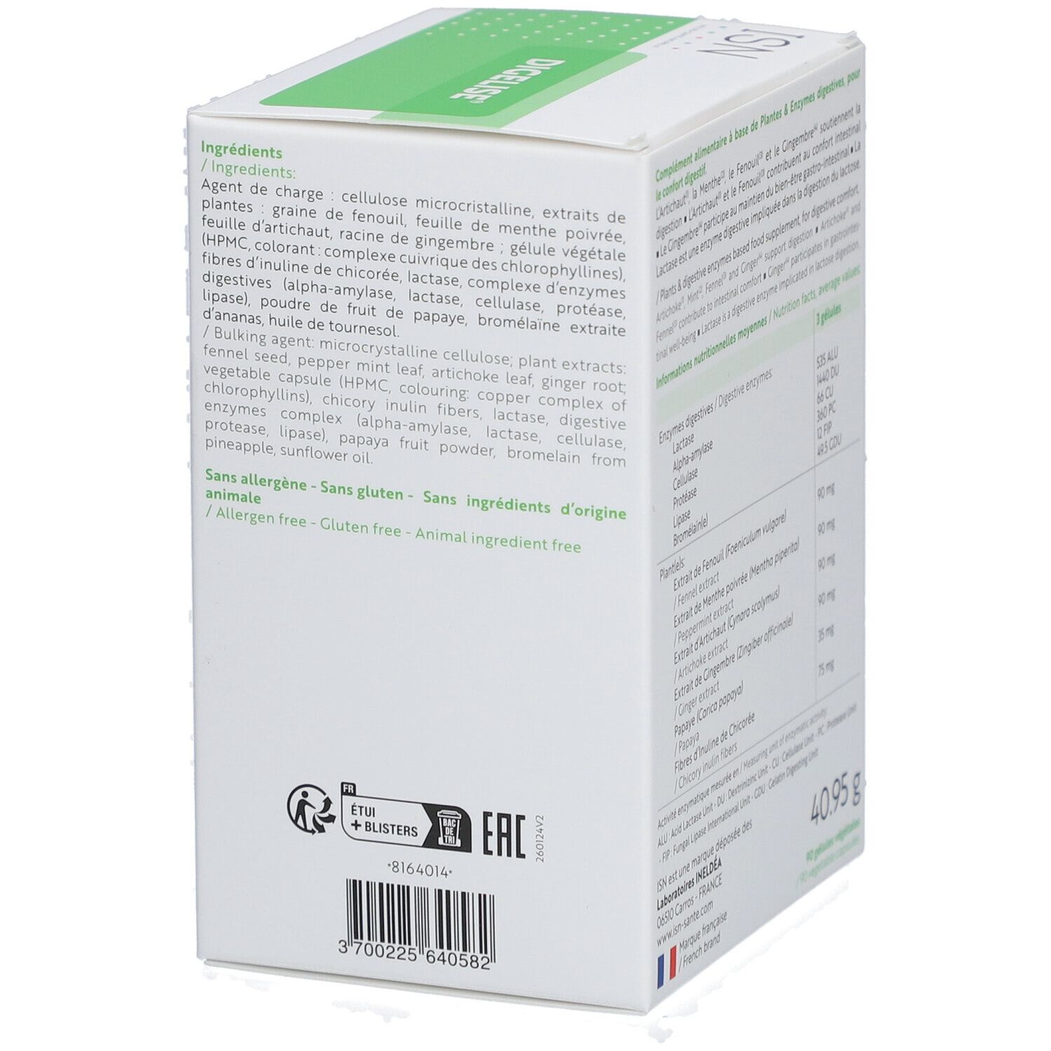 Boîte blanche avec étiquette verte. Inscription: ISN Digelise, Confort digestif. 30 gélules, 7 par jour. Sans allergène.