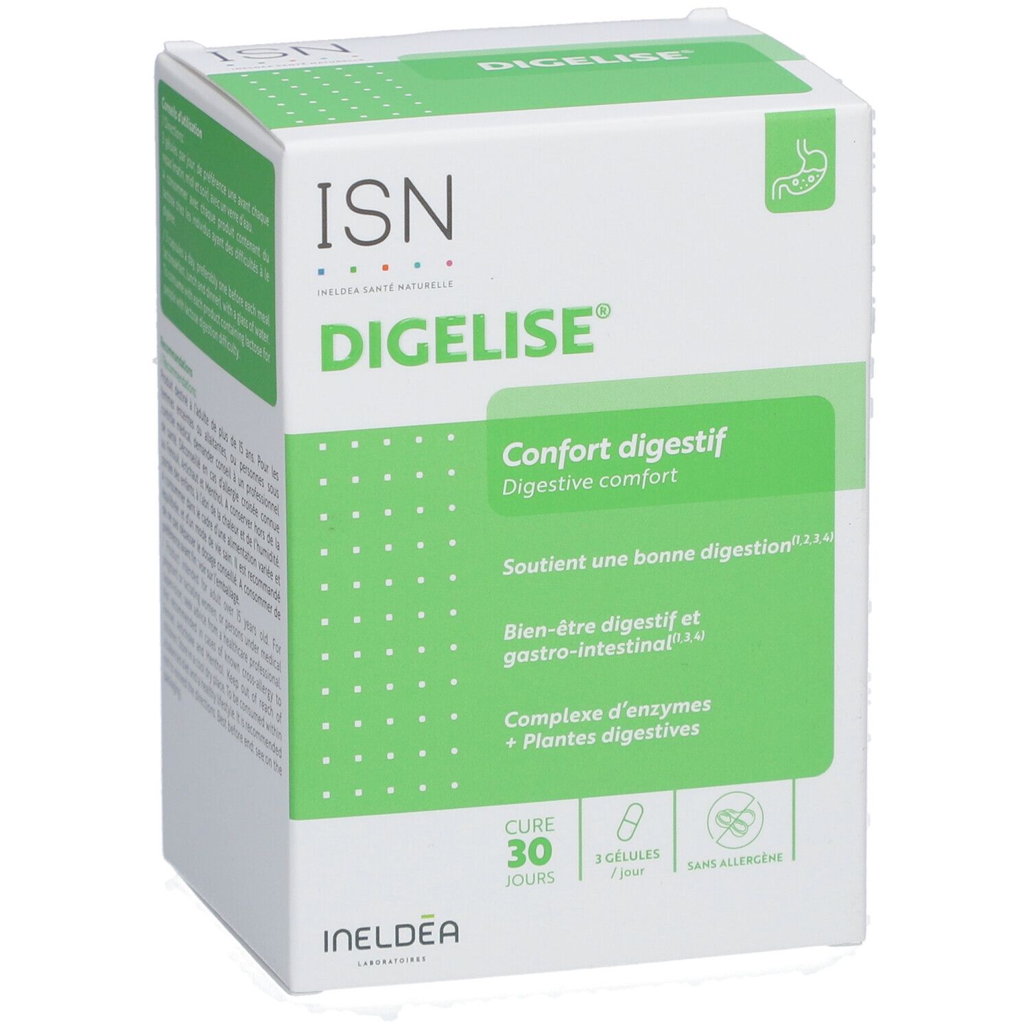 Boîte blanche avec étiquette verte. Inscription: ISN Digelise, Confort digestif. 30 gélules, 7 par jour. Sans allergène.
