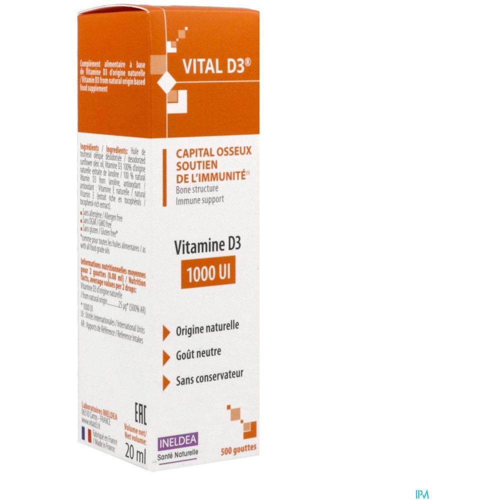 Vital D3, Goutte buvable, complément alimentaire à base de vitamine D3 d'origine naturelle