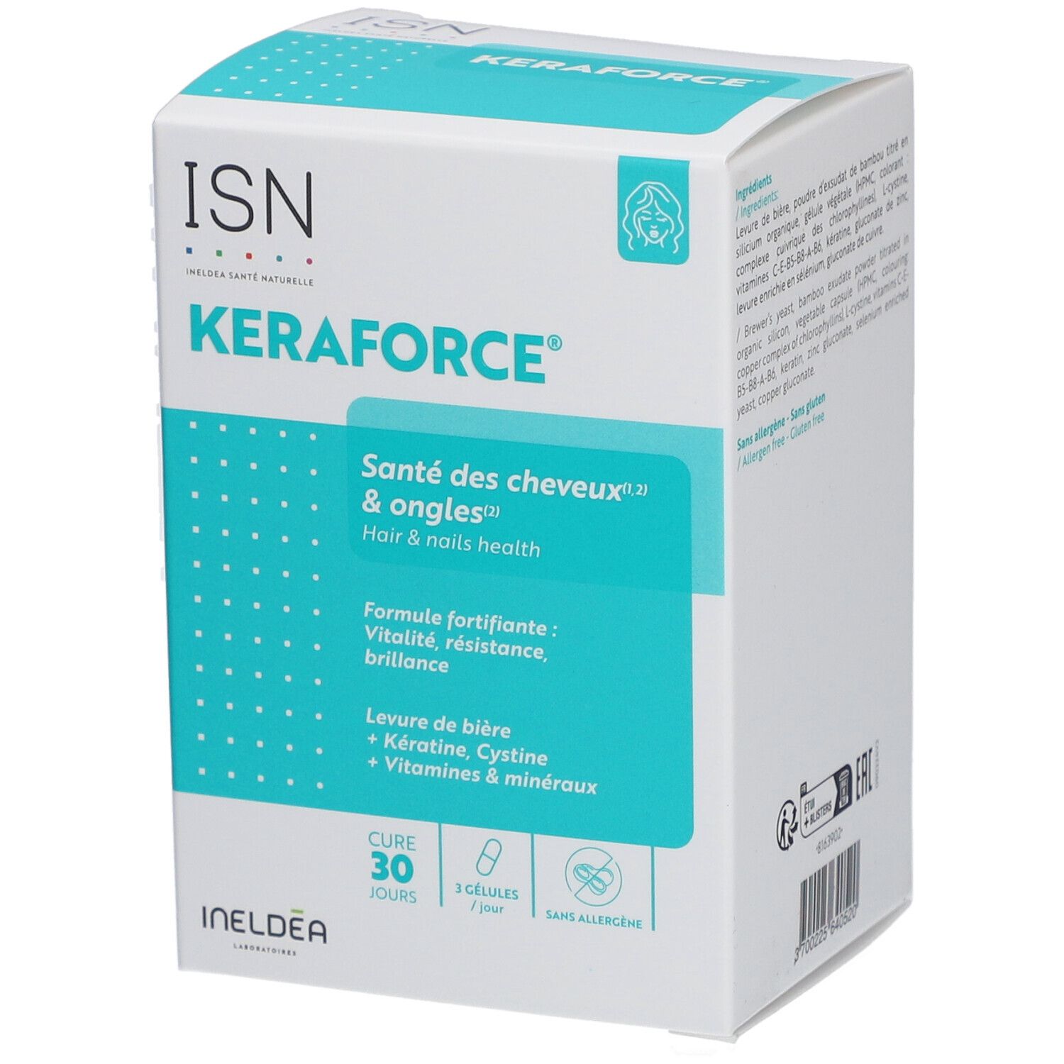 Boîte ISN Keraforce. Inscription : Santé des cheveux & ongles. Contient 30 gélules. Ingrédients : levure de bière, kératine, cystine, vitamines et minéraux.