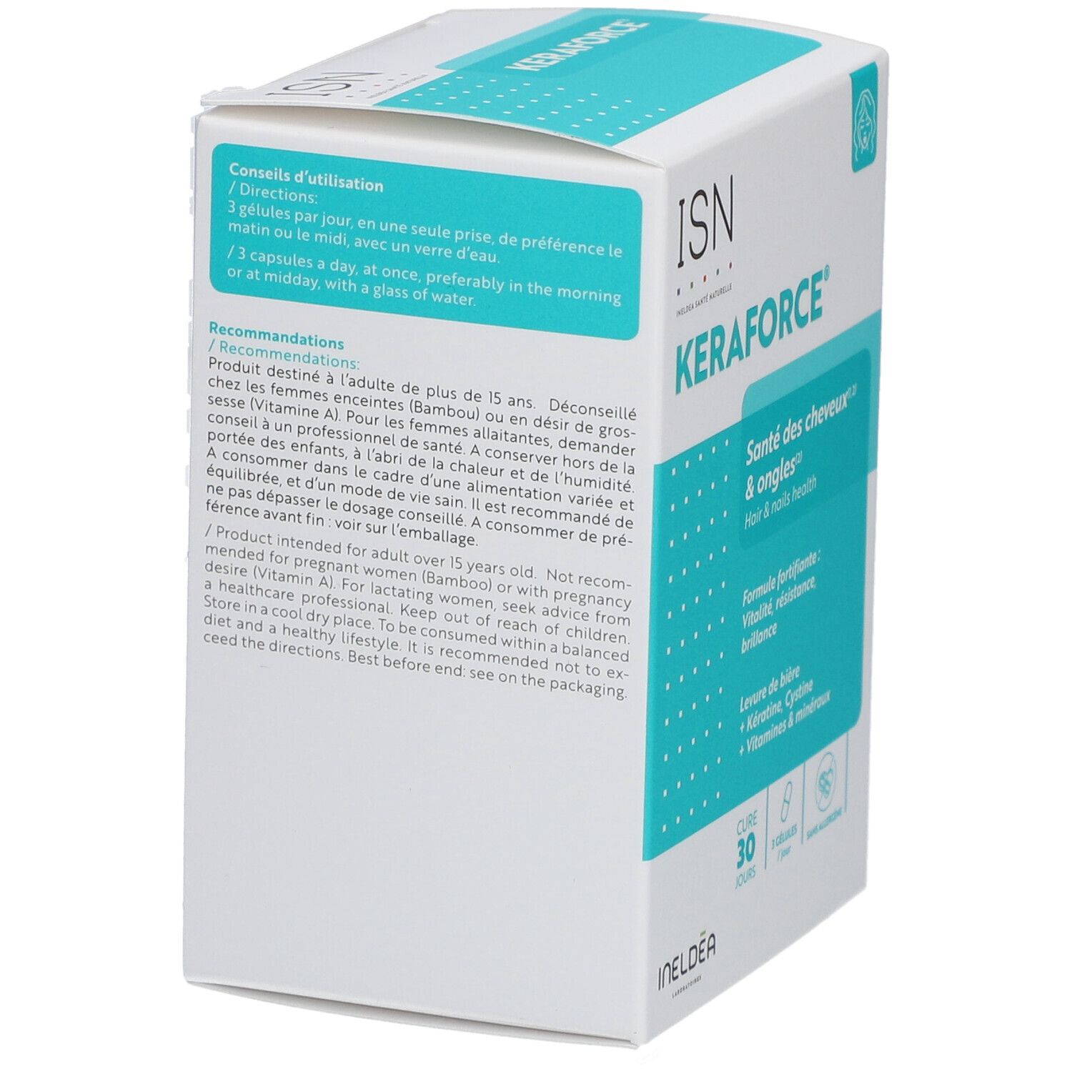 Dos de la boîte ISN Keraforce. Informations sur les ingrédients et l'utilisation. Textes en français et en anglais.