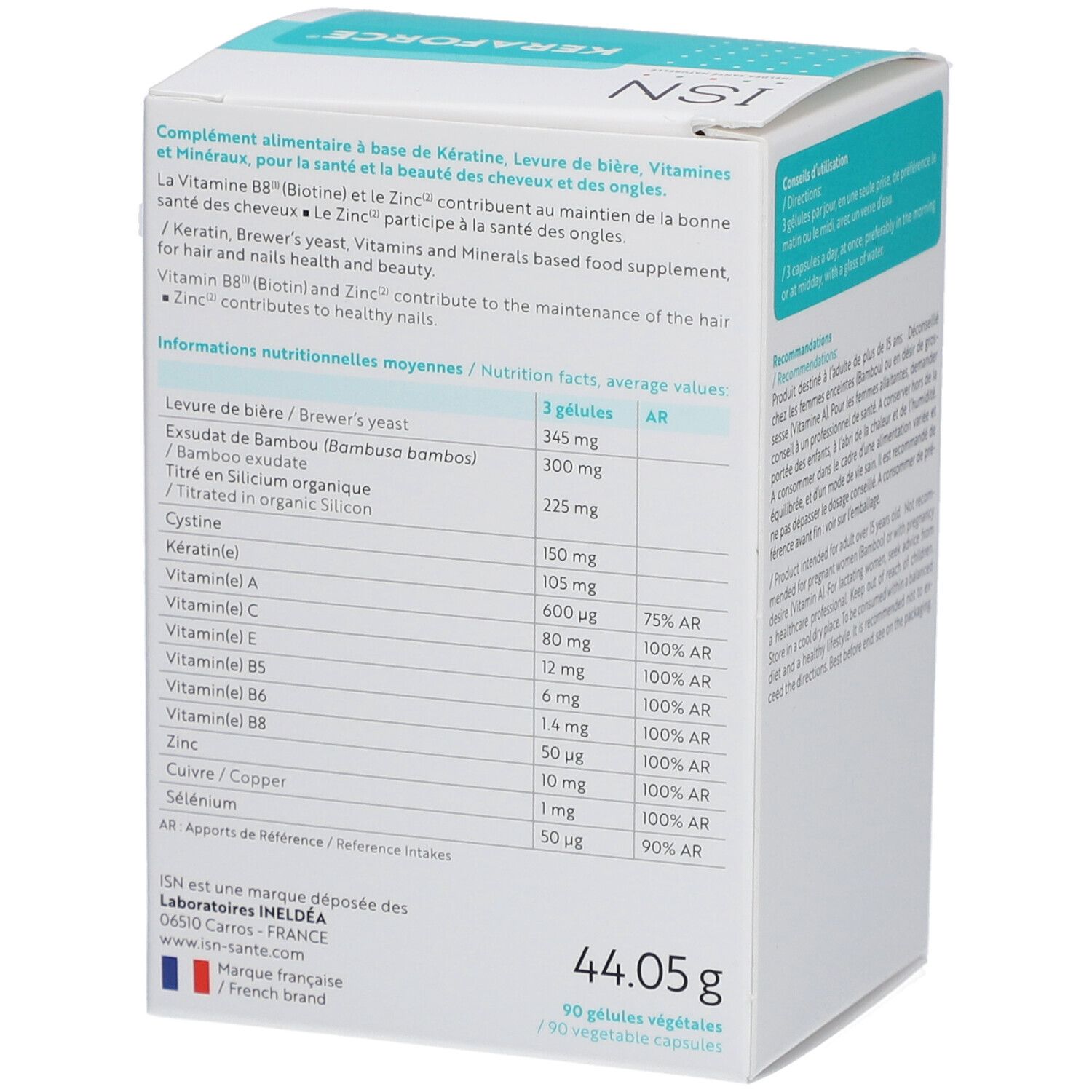 Dos de la boîte ISN Keraforce. Contient des informations nutritionnelles et des ingrédients. Textes en français.