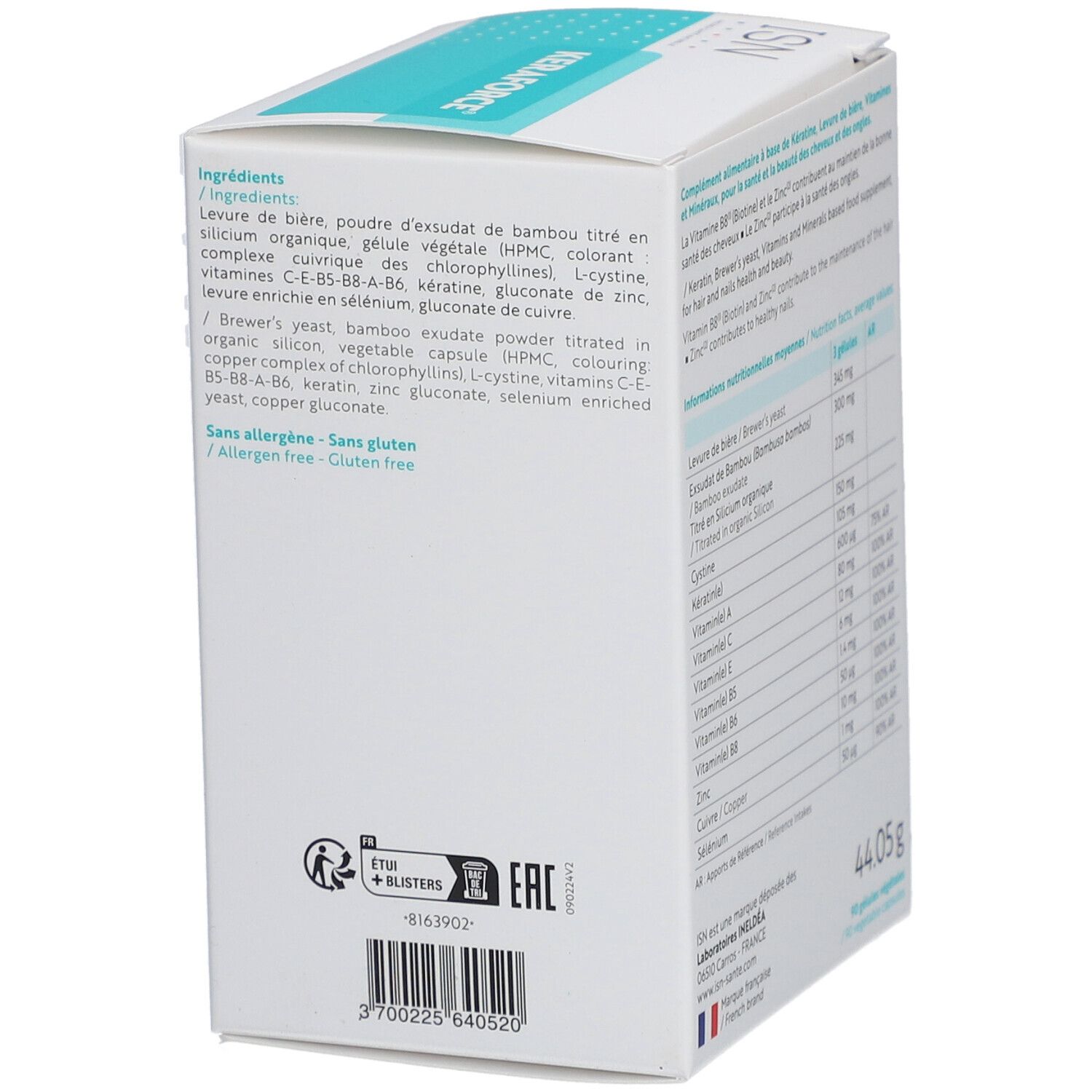 Dos de la boîte ISN Keraforce. Contient des ingrédients et des informations sur les allergies. Textes en français.