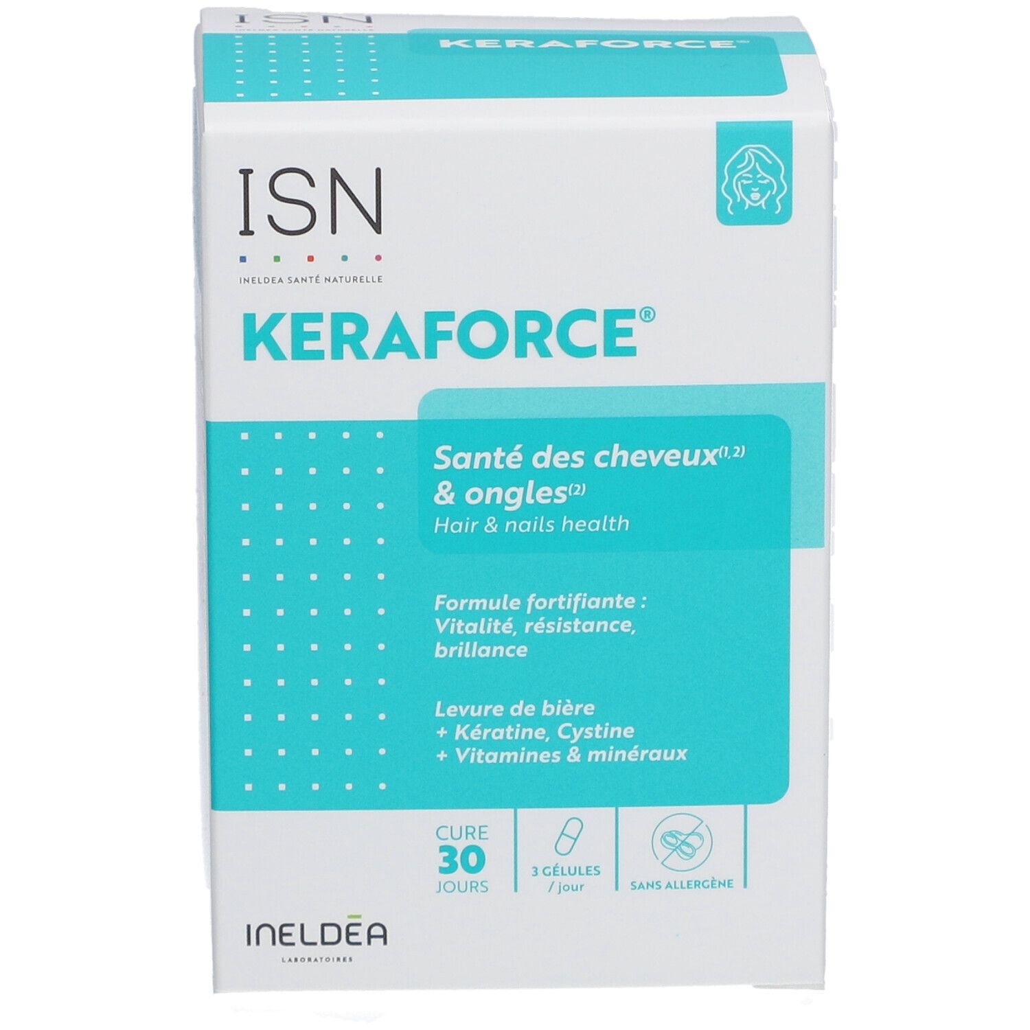 Boîte ISN Keraforce. Inscription : Santé des cheveux & ongles. Contient 30 gélules. Ingrédients : levure de bière, kératine, cystine, vitamines et minéraux.