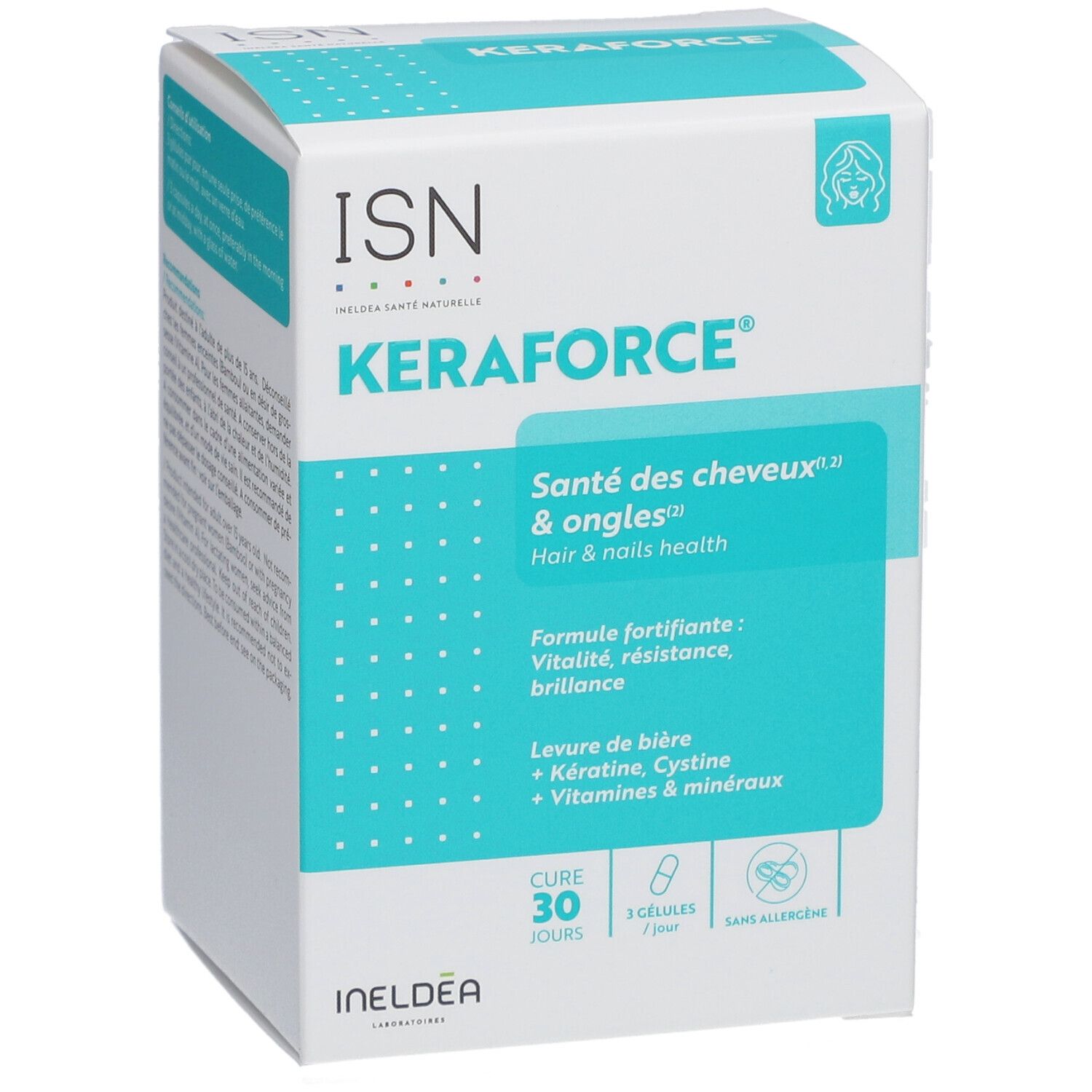 Boîte ISN Keraforce. Inscription : Santé des cheveux & ongles. Contient 30 gélules. Ingrédients : levure de bière, kératine, cystine, vitamines et minéraux.
