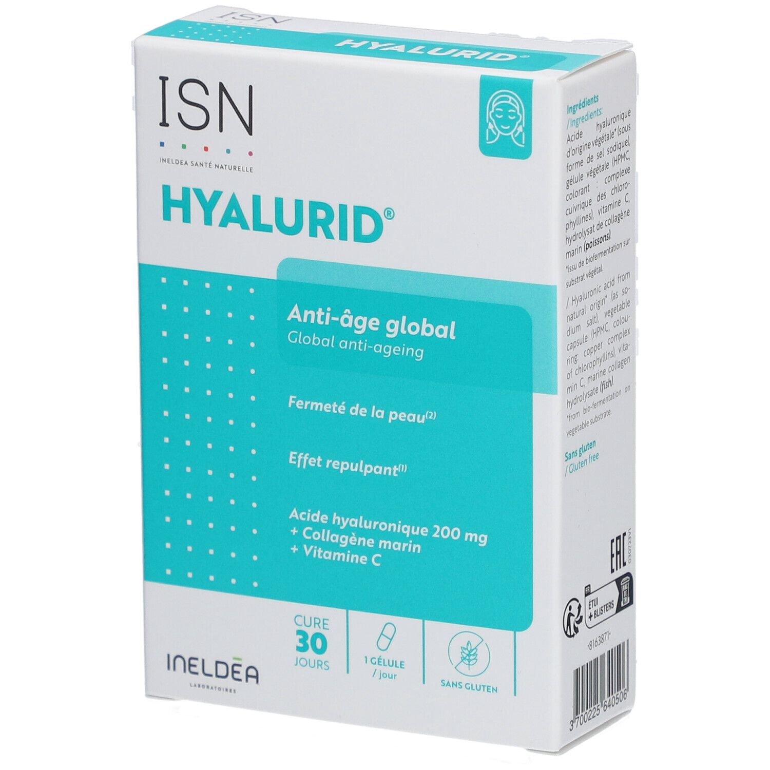 Boîte de ISN Hyalurid. Contient acide hyaluronique, collagène et vitamine C. Produit anti-âge. 30 gélules.