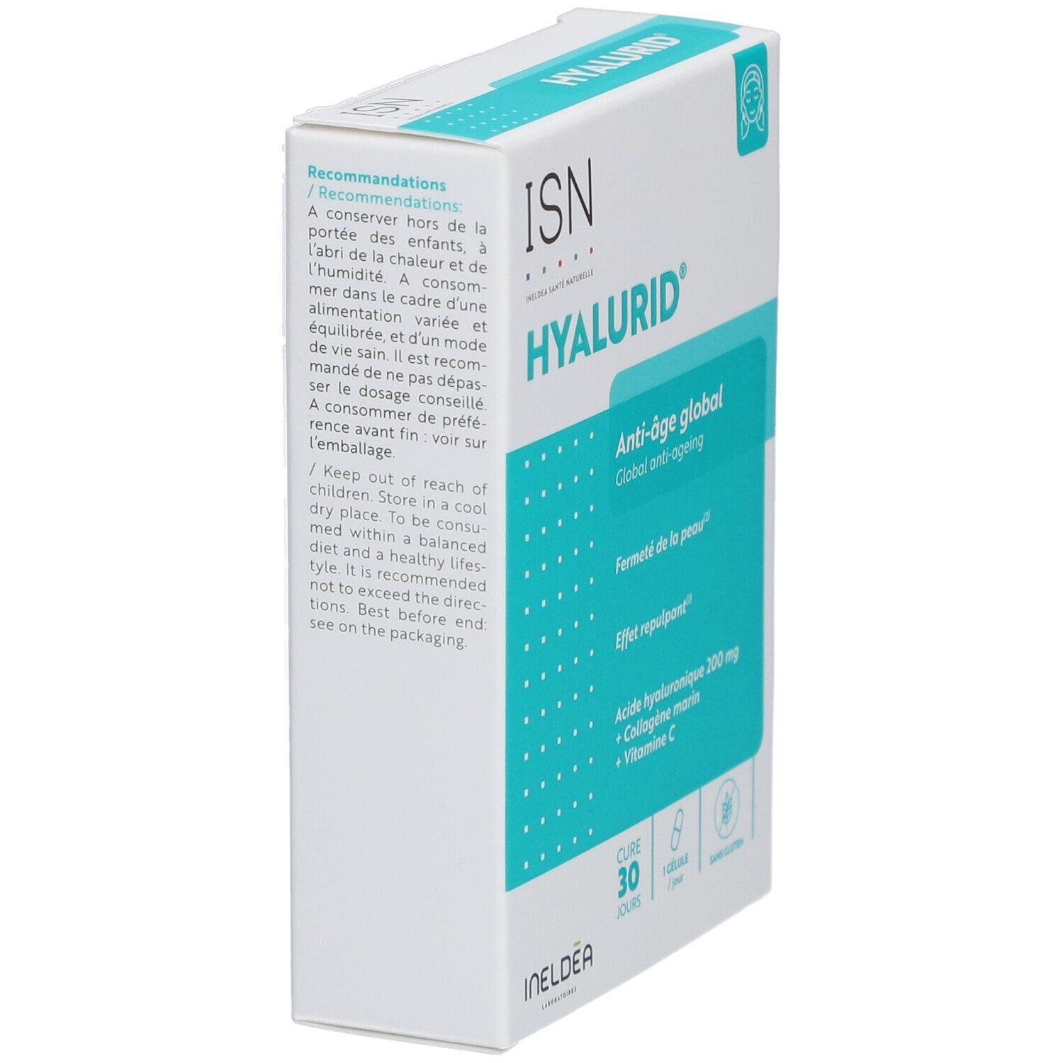 Boîte de ISN Hyalurid. Contient acide hyaluronique, collagène et vitamine C. Produit anti-âge. 30 gélules.