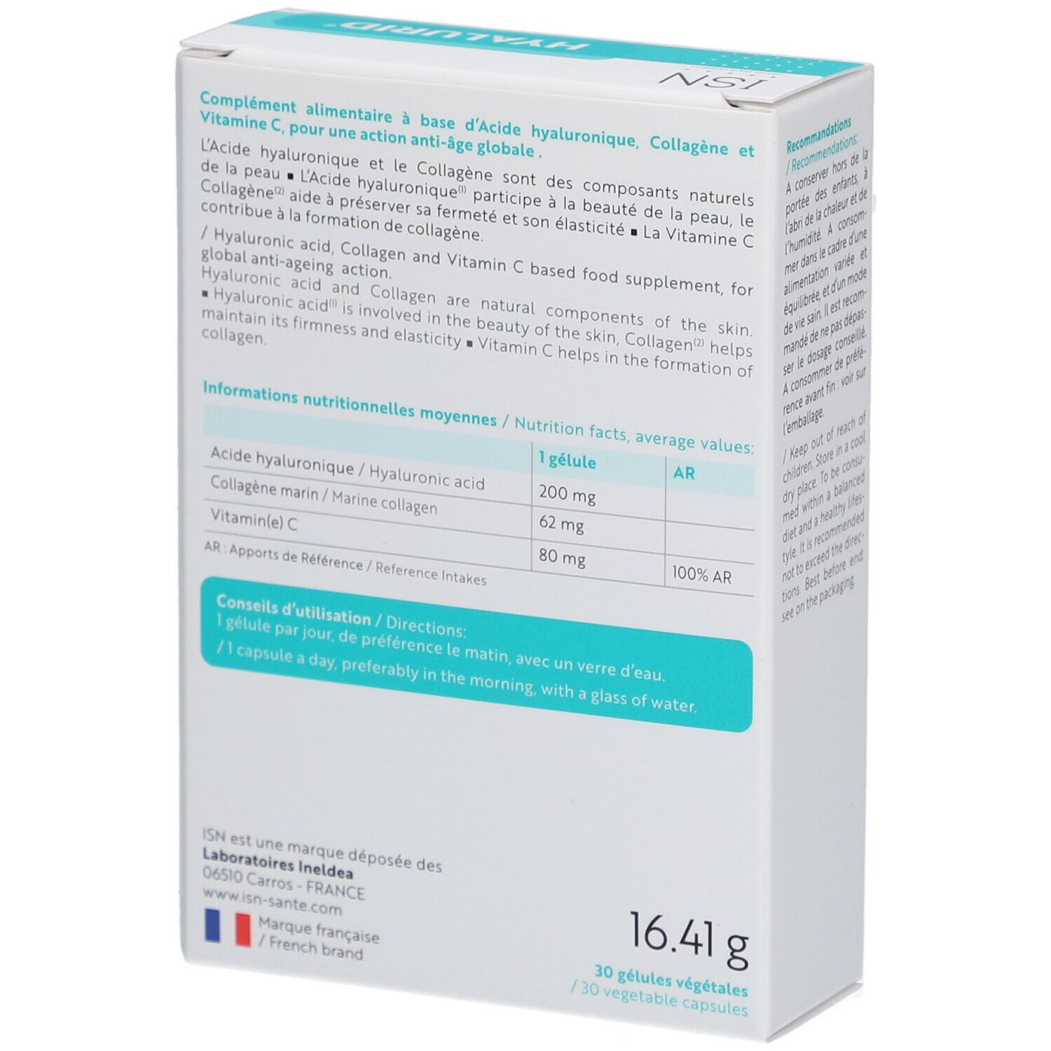 Dos de la boîte ISN Hyalurid. Contient des informations sur les ingrédients et les valeurs nutritionnelles. 30 gélules.
