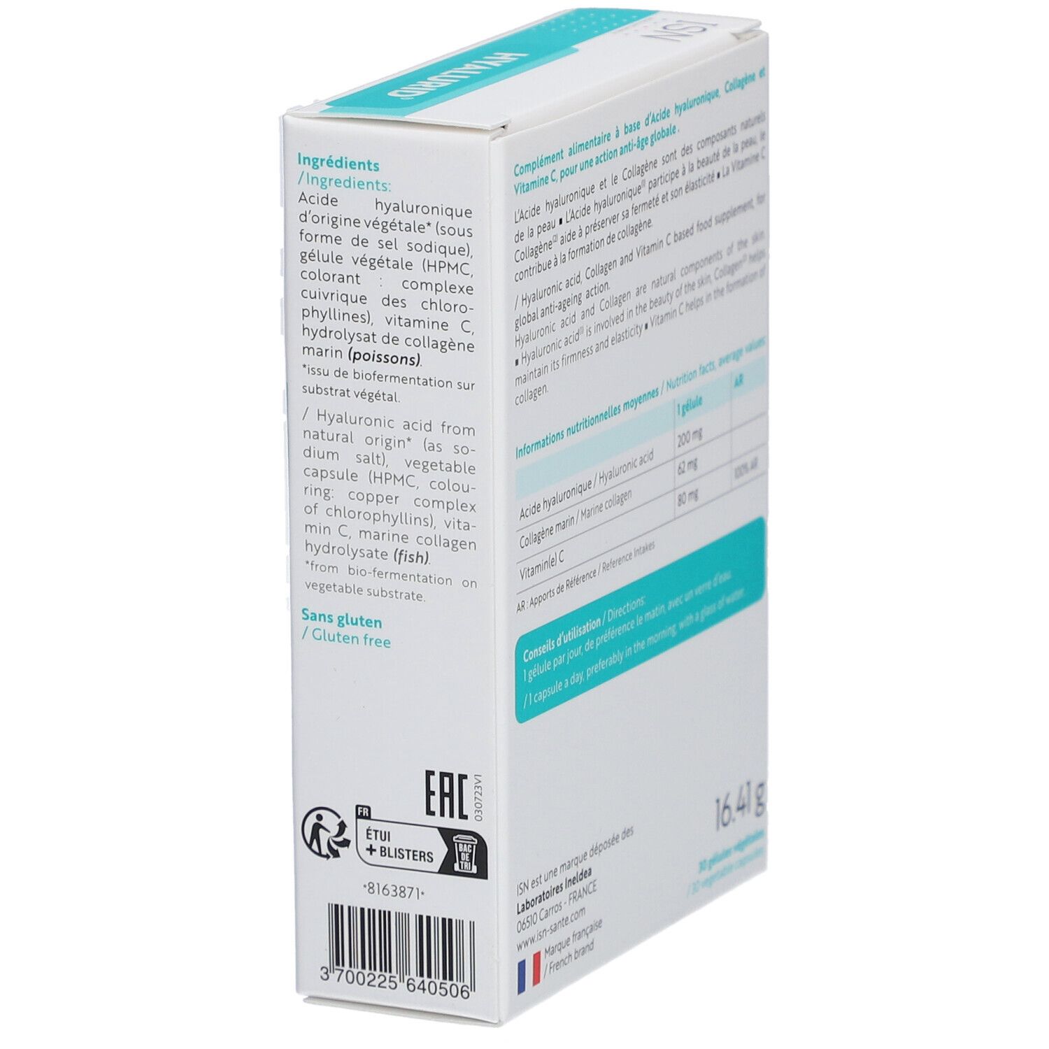 Dos de la boîte ISN Hyalurid. Contient des informations sur les ingrédients et les valeurs nutritionnelles. 30 gélules.