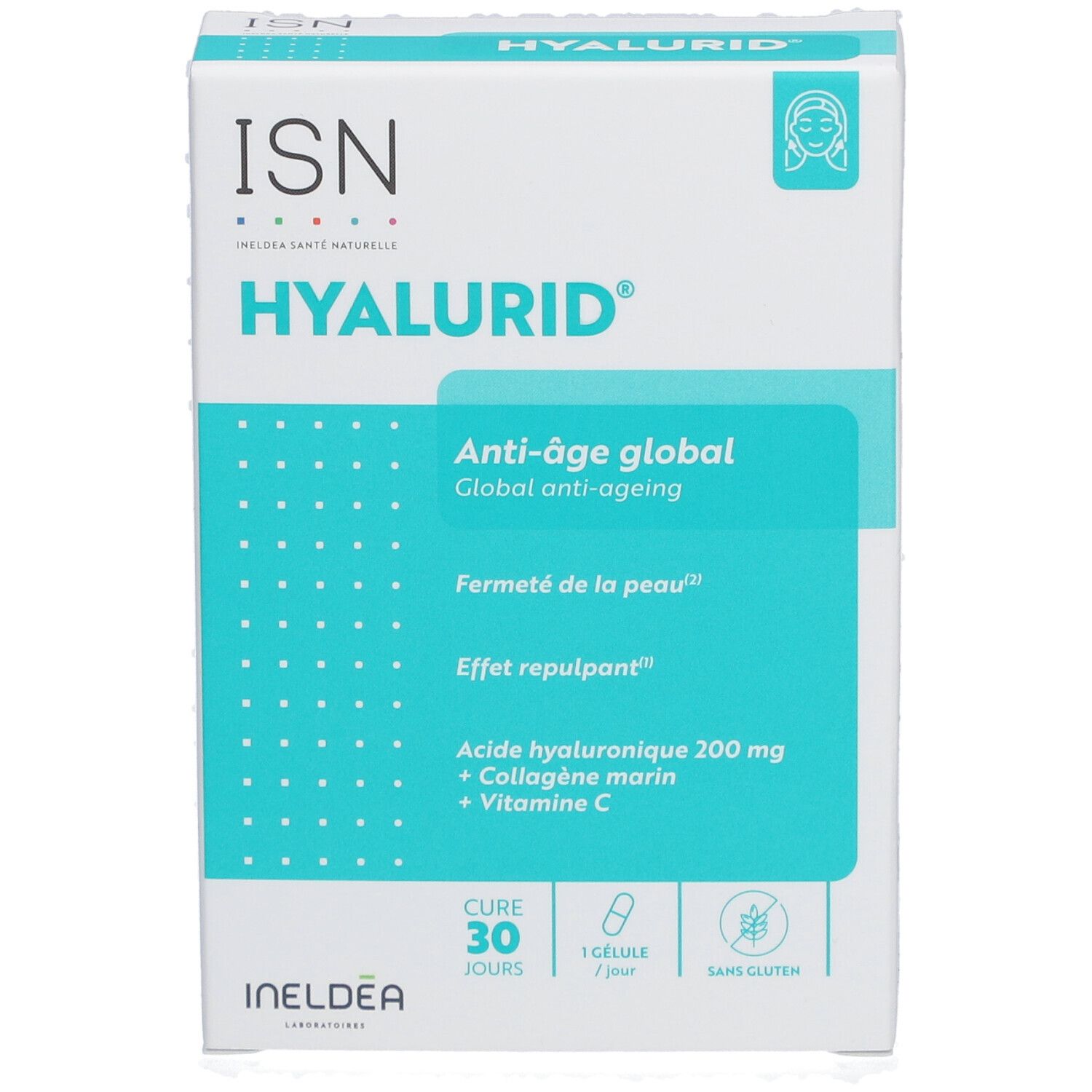 Boîte de ISN Hyalurid. Contient acide hyaluronique, collagène et vitamine C. Produit anti-âge. 30 gélules.