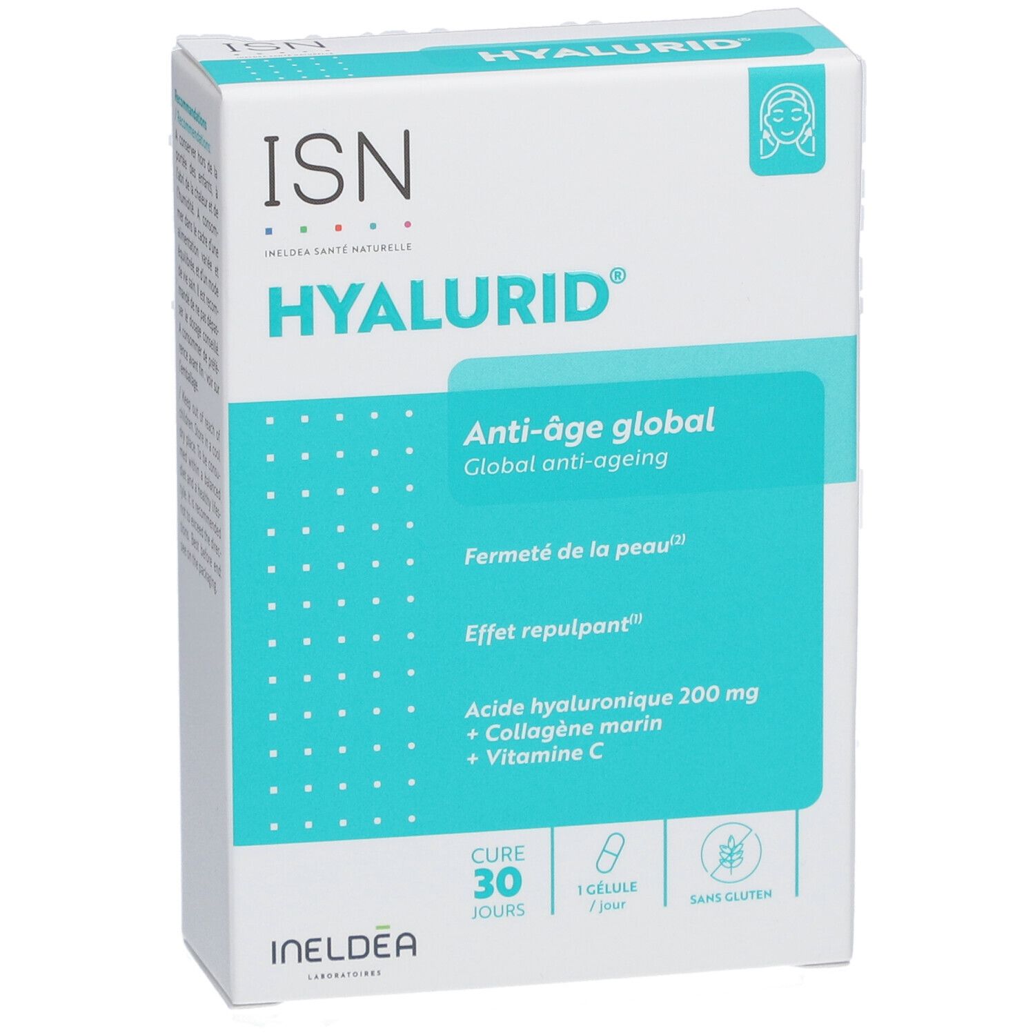 Boîte de ISN Hyalurid. Contient acide hyaluronique, collagène et vitamine C. Produit anti-âge. 30 gélules.