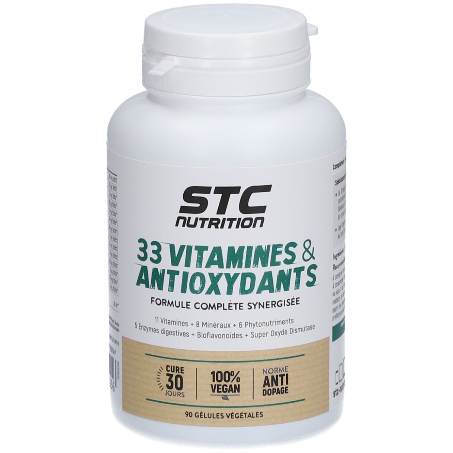 Flacon STC Nutrition. 33 Vitamines & Antioxydants. 90 gélules végétales, cure 30 jours, 100% vegan, anti-dopage.