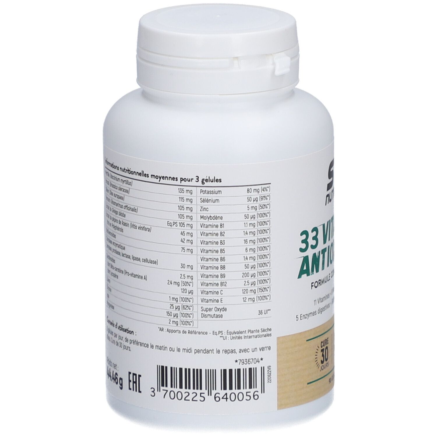 Dos du flacon STC Nutrition. Informations nutritionnelles et ingrédients. 90 gélules végétales.