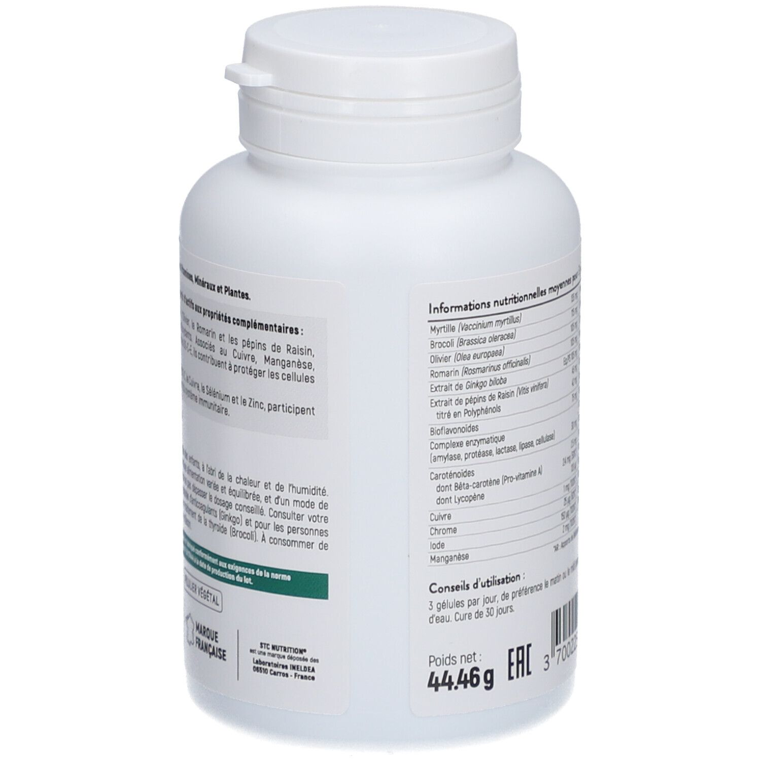 Dos du flacon STC Nutrition. Informations complémentaires et ingrédients. 90 gélules végétales.