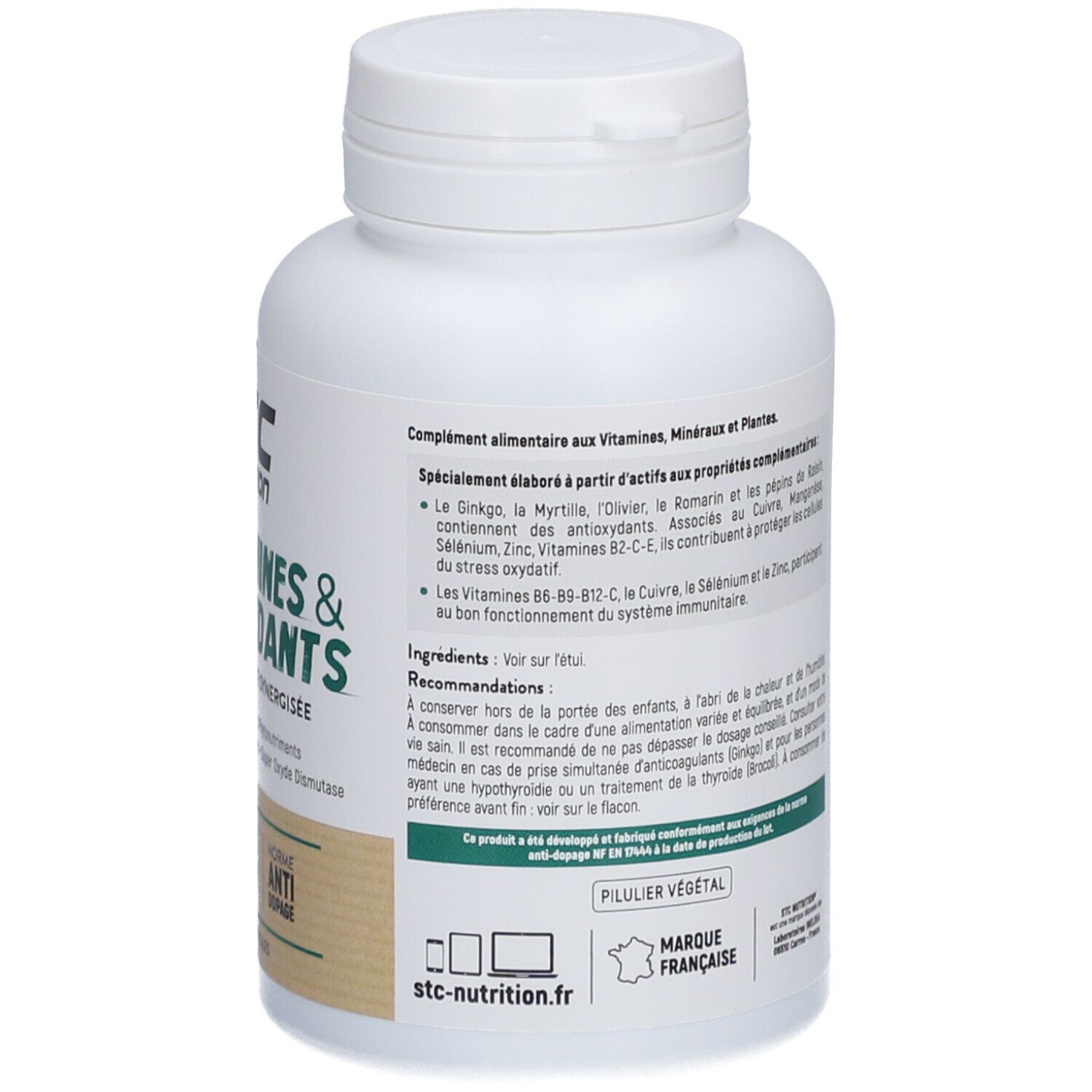 Dos du flacon STC Nutrition. Informations complémentaires et ingrédients. 90 gélules végétales.