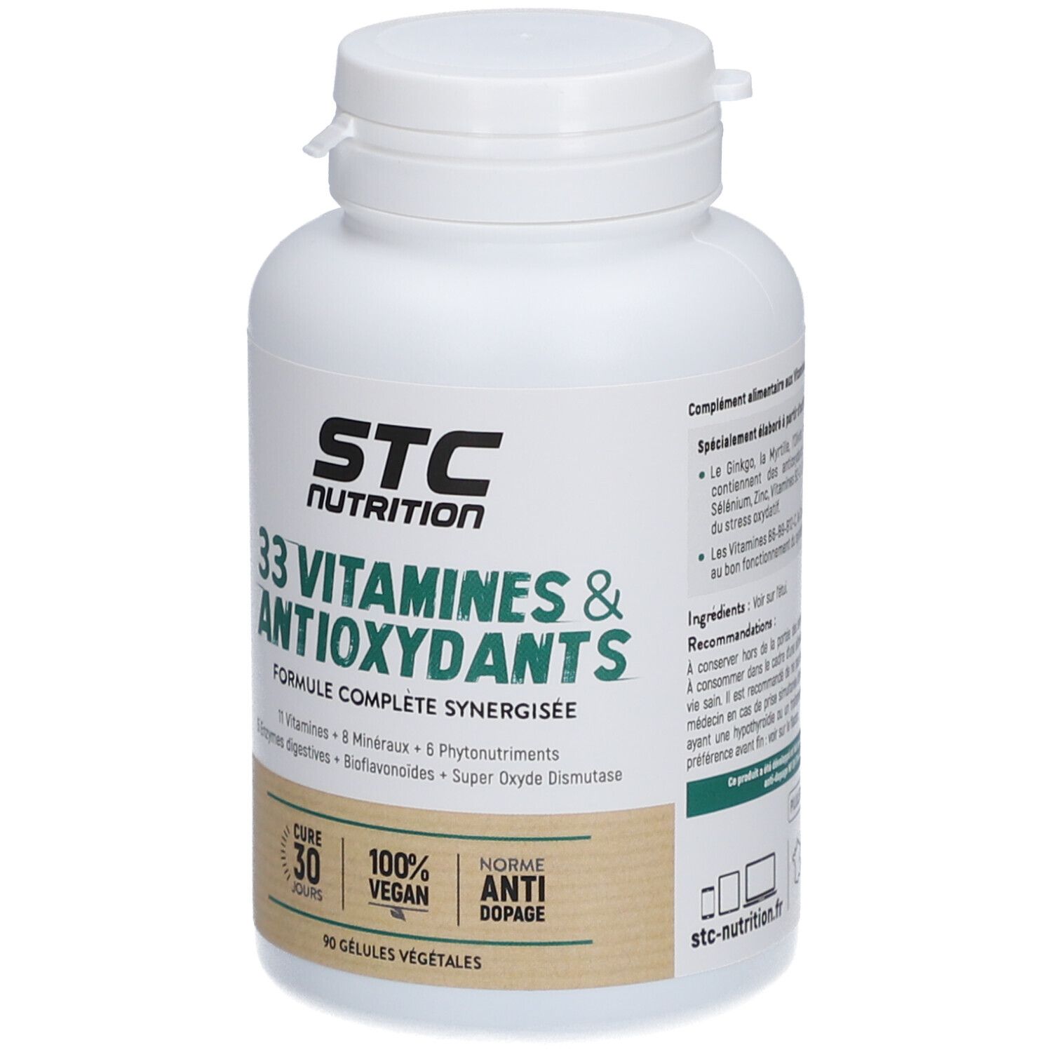 Flacon STC Nutrition. 33 Vitamines & Antioxydants. 90 gélules végétales, cure 30 jours, 100% vegan, anti-dopage.