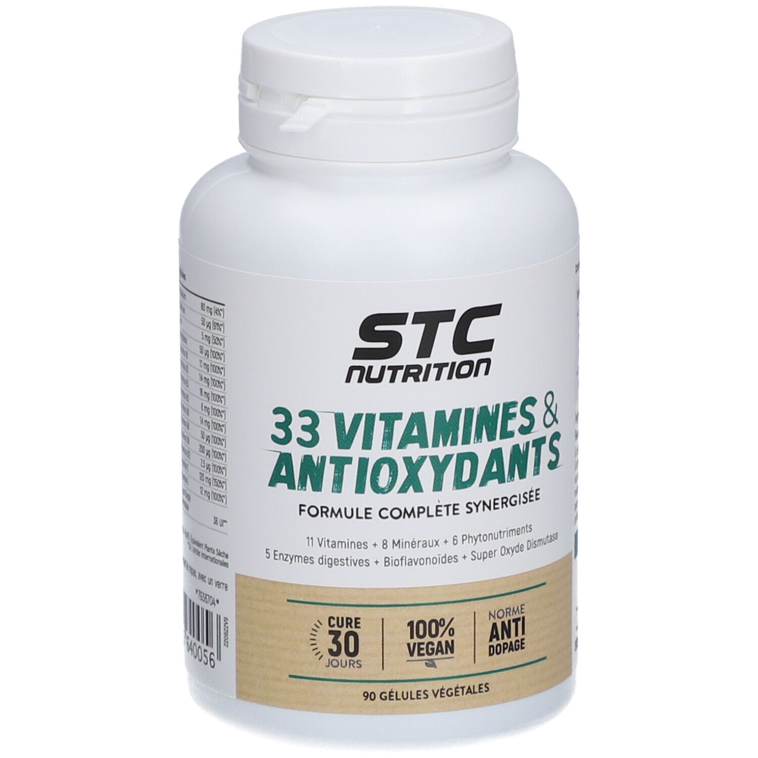 Flacon STC Nutrition. 33 Vitamines & Antioxydants. 90 gélules végétales, cure 30 jours, 100% vegan, anti-dopage.