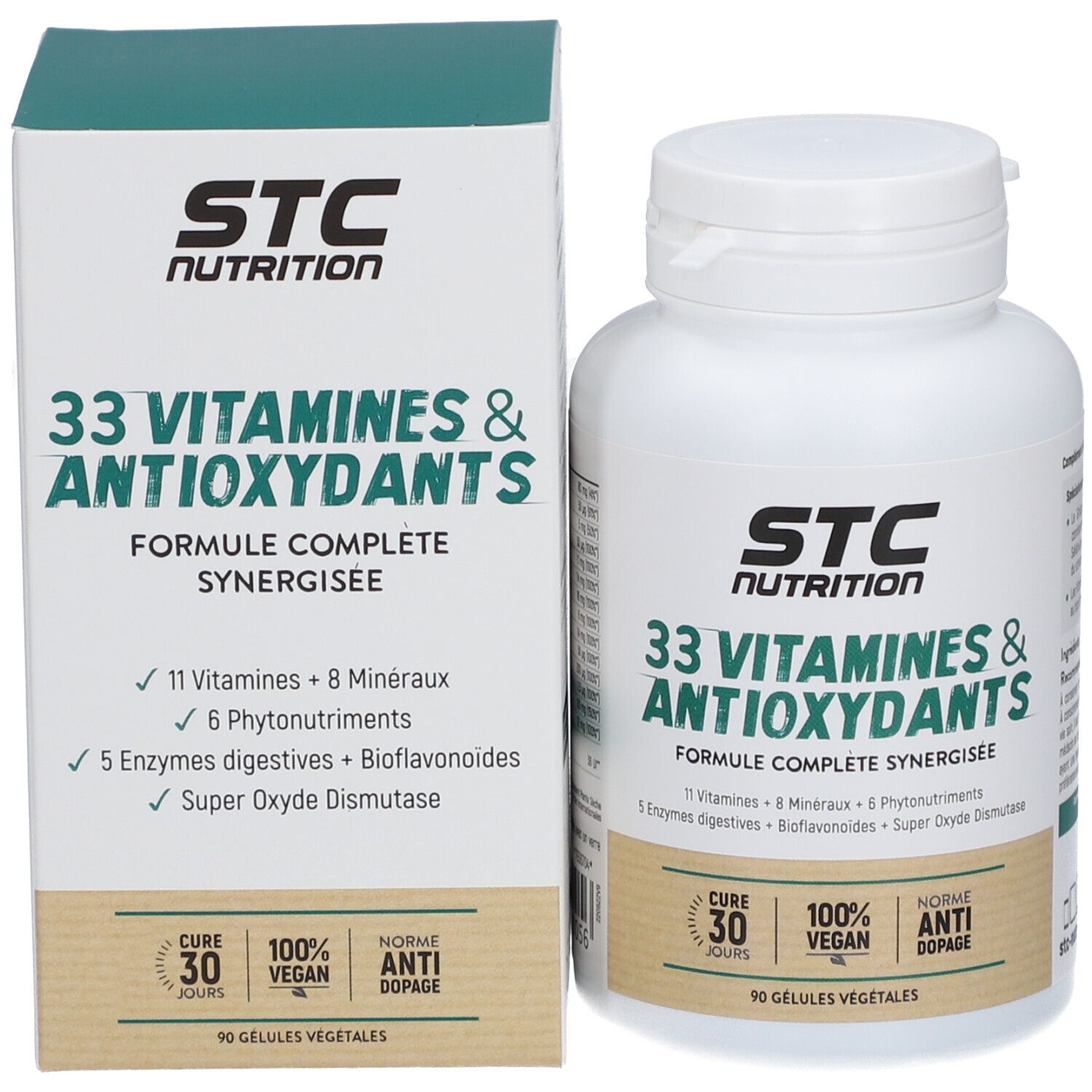 Flacon et boîte STC Nutrition. 33 Vitamines & Antioxydants. 90 gélules végétales, cure 30 jours, 100% vegan, anti-dopage.