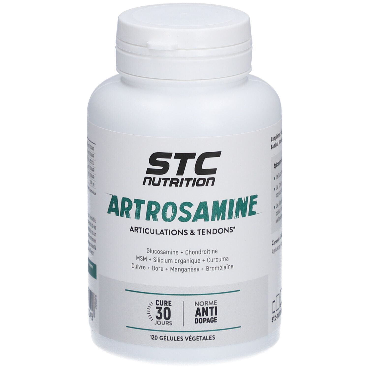 Flacon blanc STC Nutrition Artrosamine. Inscription: Artrosamine, articulations & tendons. 120 gélules.