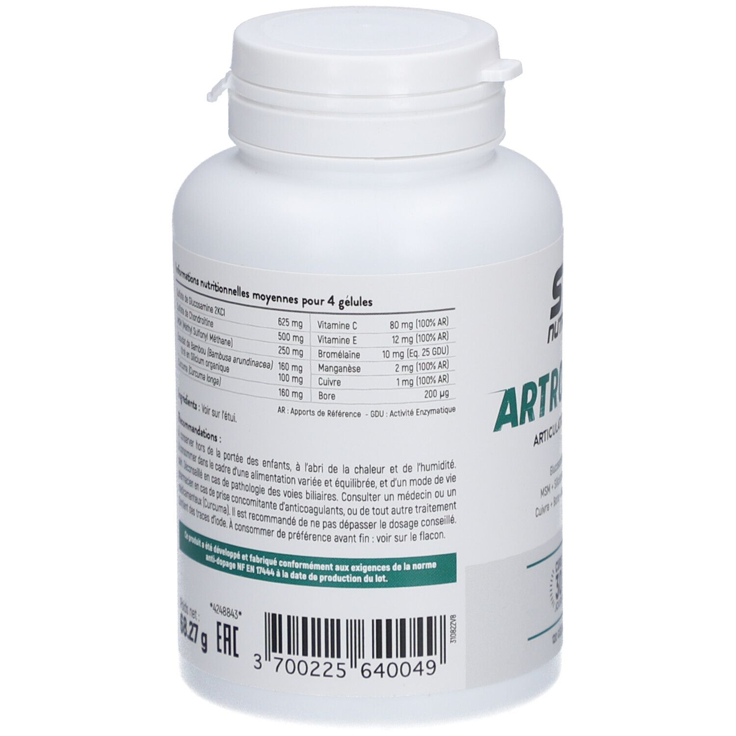 Dos du flacon blanc STC Nutrition Artrosamine. Contient informations nutritionnelles et ingrédients.