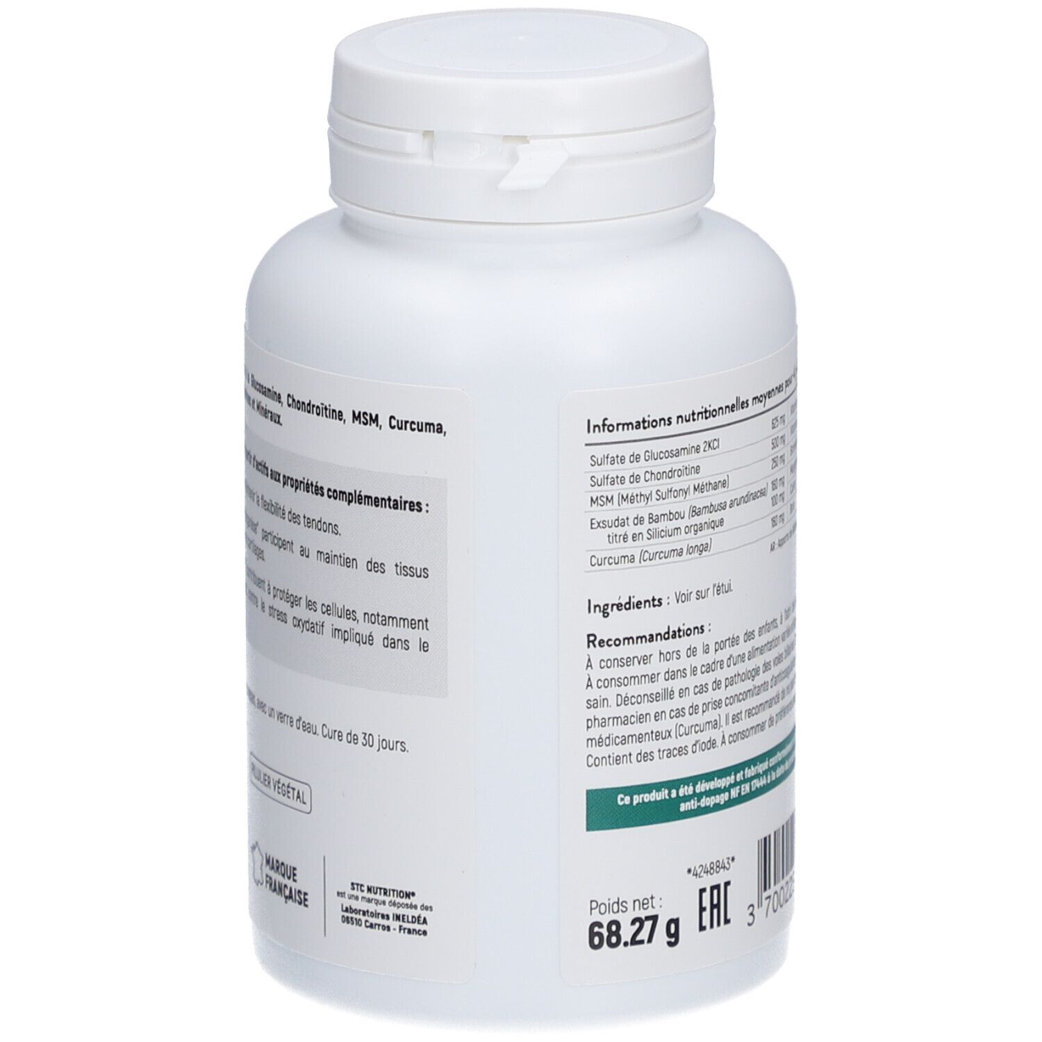 Dos du flacon blanc STC Nutrition Artrosamine. Contient informations nutritionnelles et ingrédients.