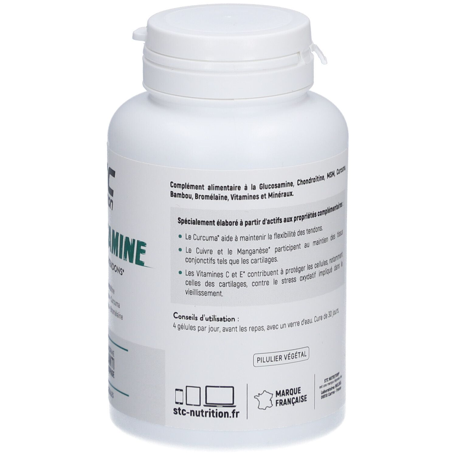 Dos du flacon blanc STC Nutrition Artrosamine. Contient informations d'utilisation et ingrédients.