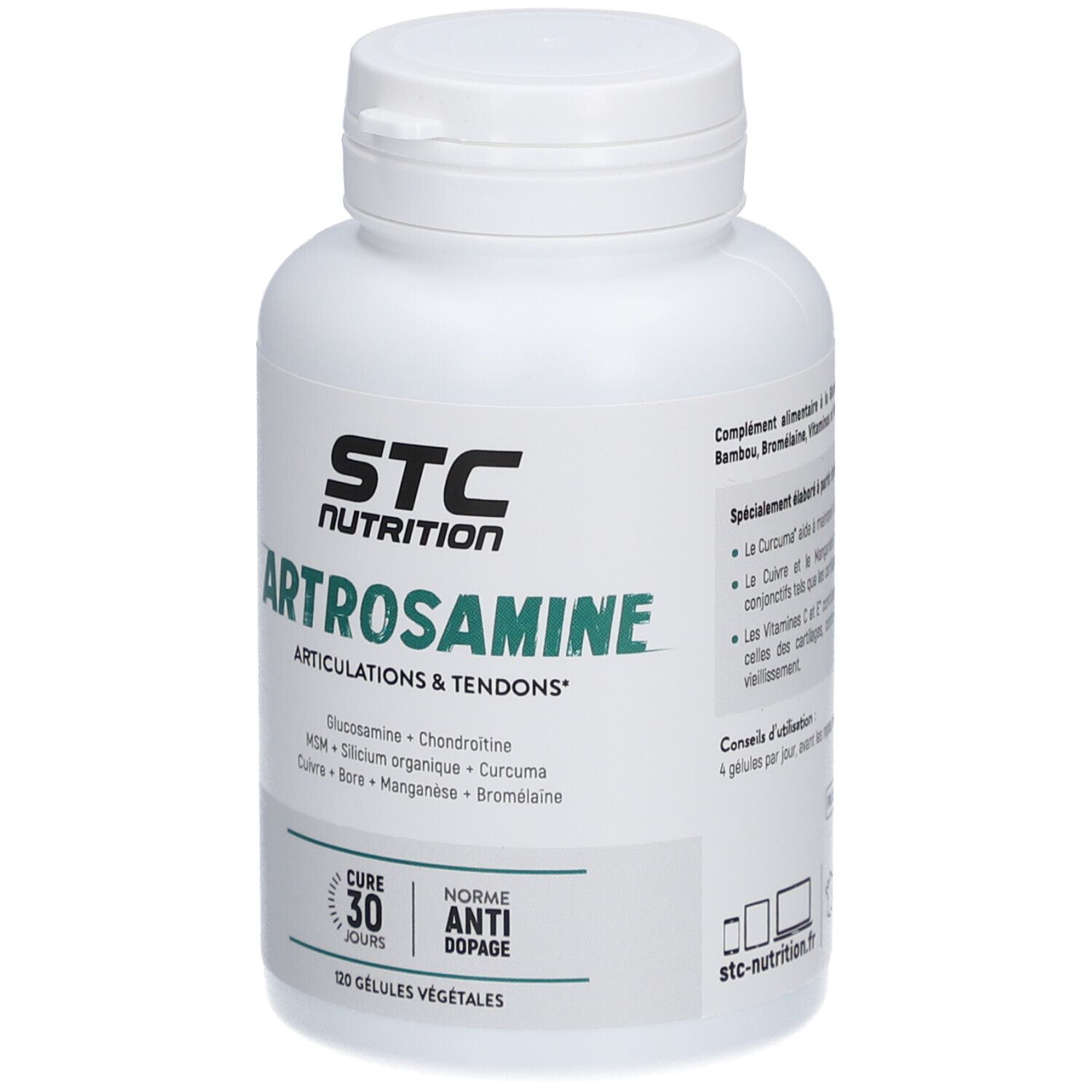 Flacon blanc STC Nutrition Artrosamine. Inscription: Artrosamine, articulations & tendons. 120 gélules.