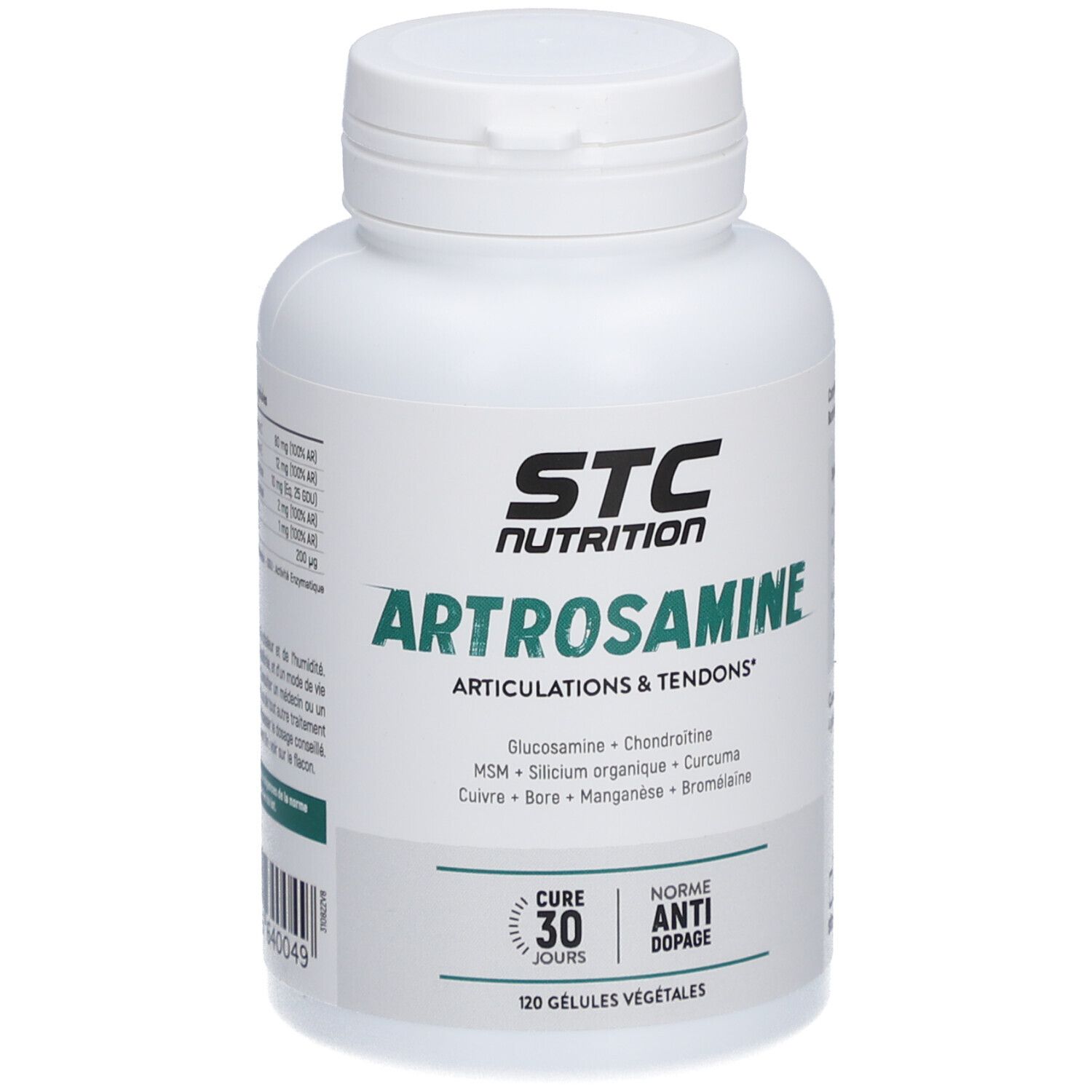 Flacon blanc STC Nutrition Artrosamine. Inscription: Artrosamine, articulations & tendons. 120 gélules.