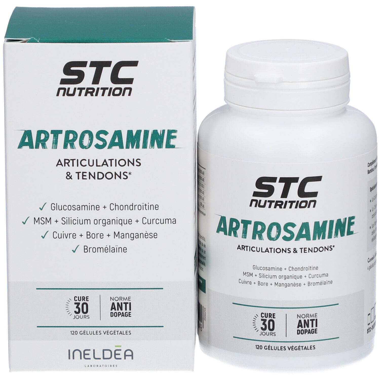Flacon et boîte STC Nutrition Artrosamine. Inscription: Artrosamine, articulations & tendons. 120 gélules.
