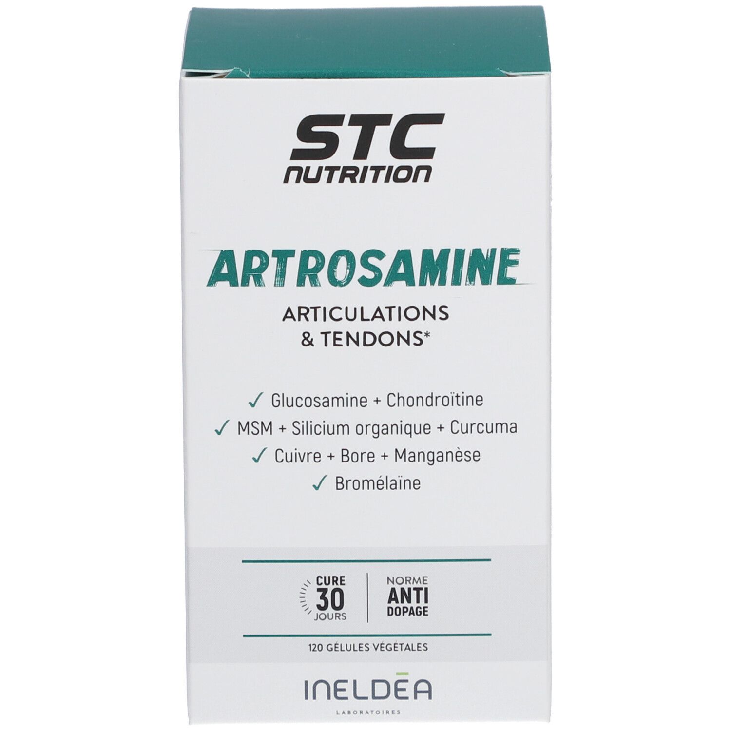 Boîte STC Nutrition Artrosamine. Inscription: Artrosamine, articulations & tendons. 120 gélules.