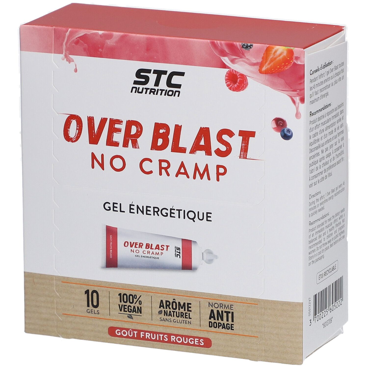 Boîte STC Nutrition Over Blast No Cramp Gel. 10 gels, fruits rouges. Vegan, naturel, anti-dopage. Texte au dos.