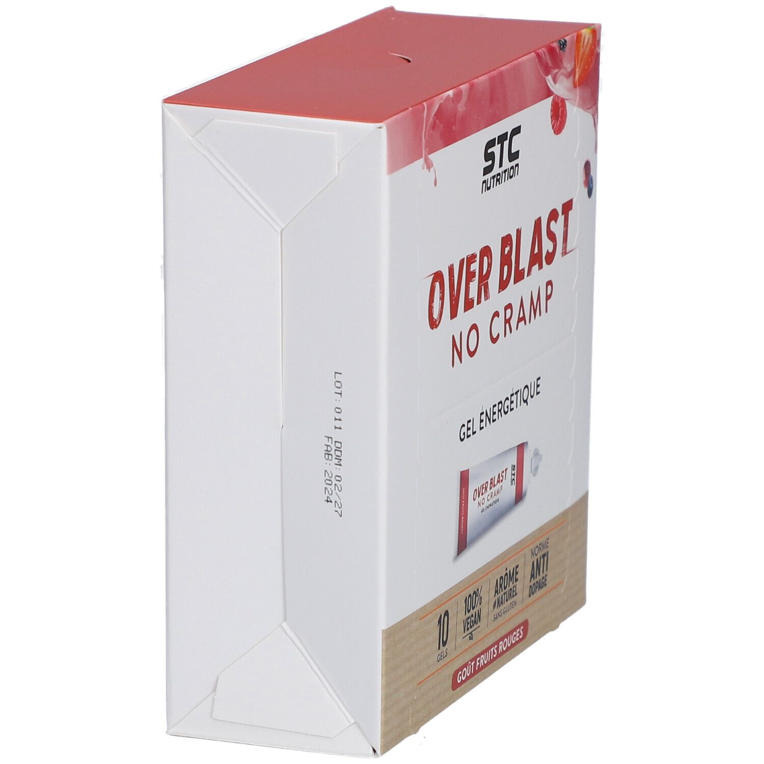 Vue latérale de la boîte STC Nutrition Over Blast No Cramp Gel. Fruits rouges. Texte et logo.