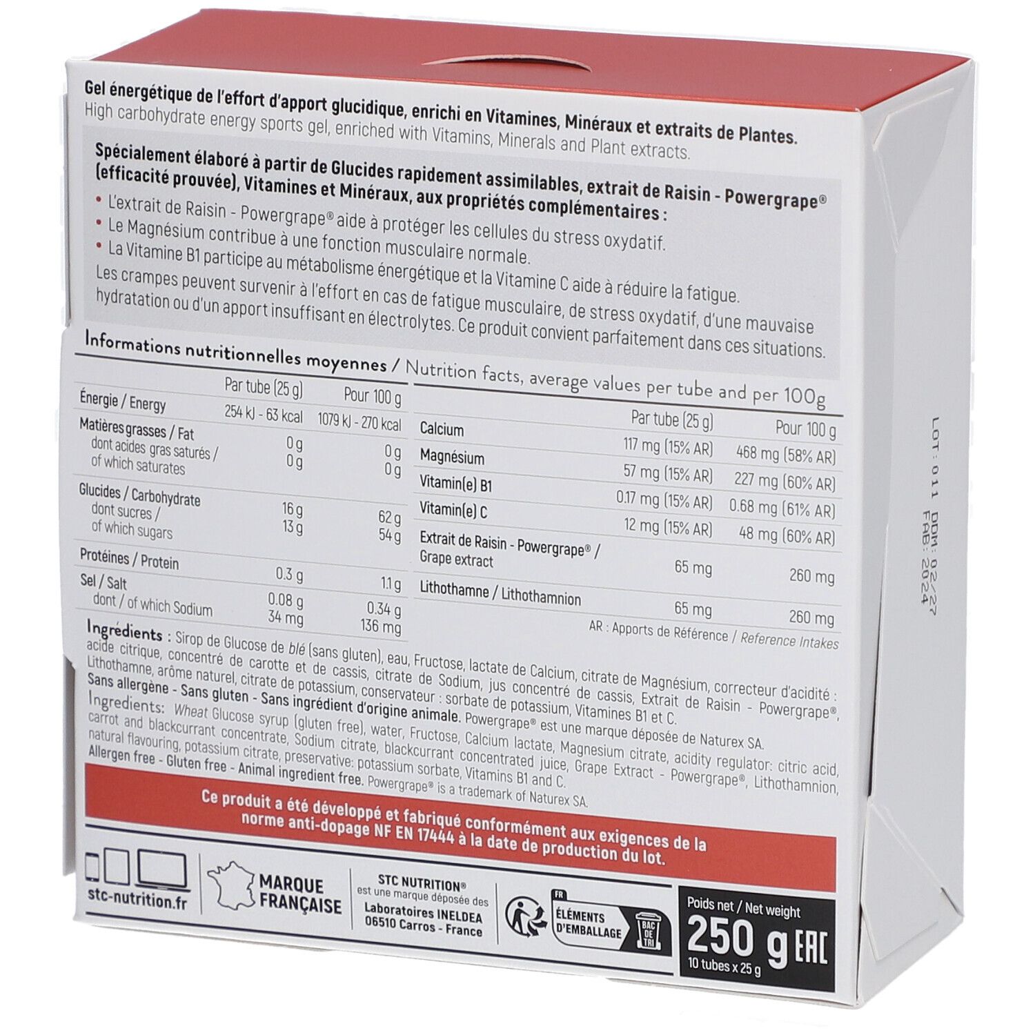 Dos de la boîte STC Nutrition Over Blast No Cramp Gel. Texte, informations nutritionnelles, ingrédients, logo.