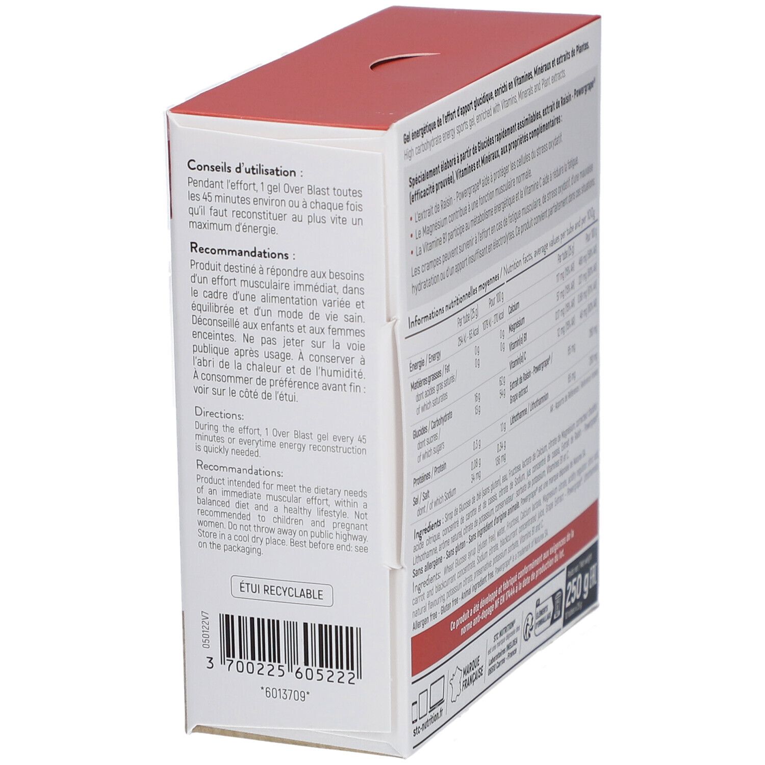 Dos de la boîte STC Nutrition Over Blast No Cramp Gel. Texte, conseils d'utilisation, informations nutritionnelles, logo.