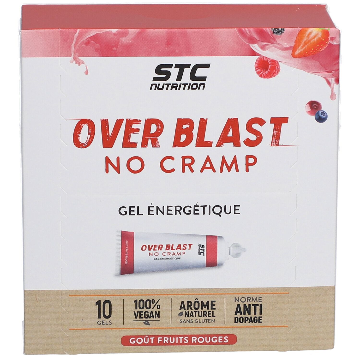 Boîte STC Nutrition Over Blast No Cramp Gel. 10 gels, fruits rouges. Vegan, naturel, anti-dopage. Tube de produit.