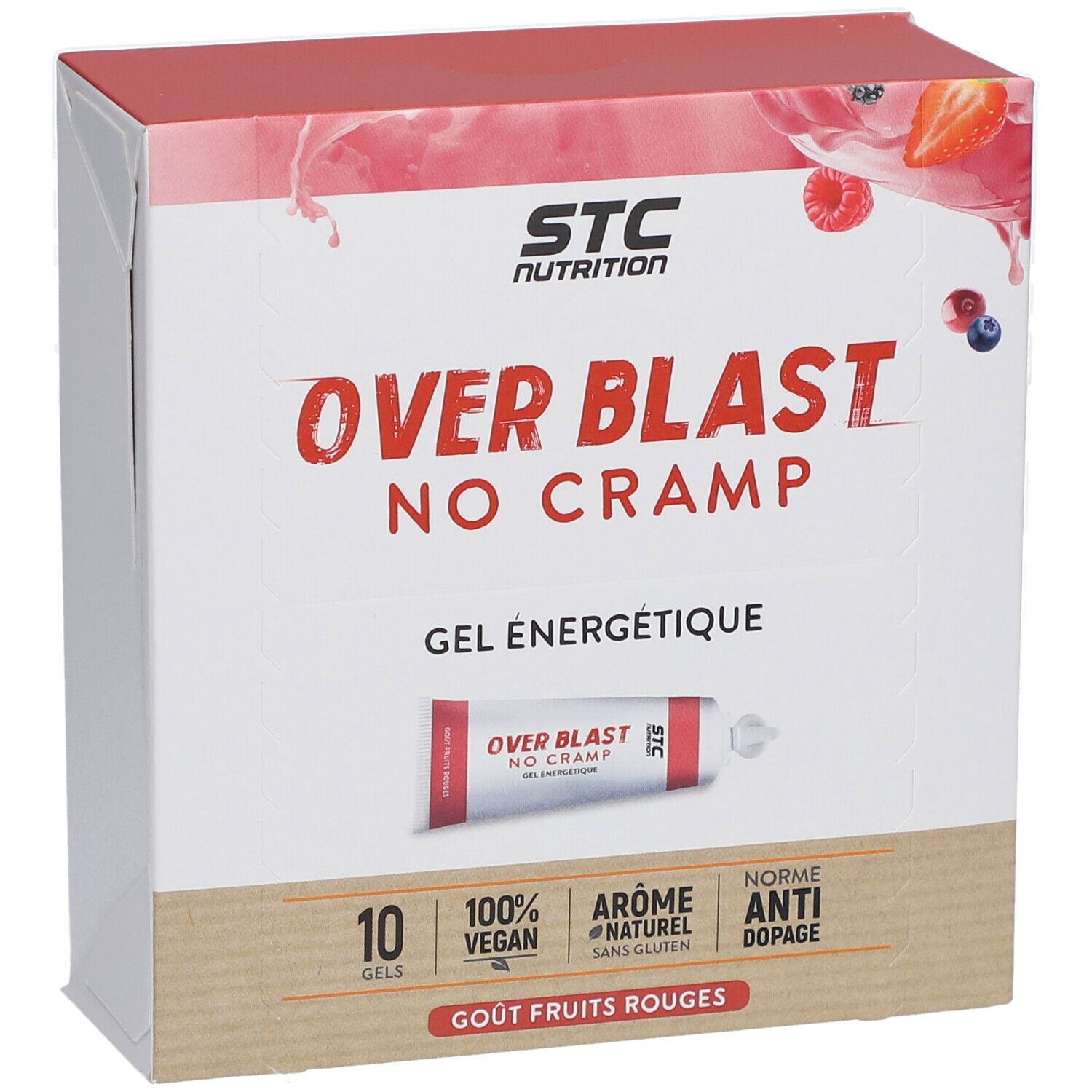 Boîte STC Nutrition Over Blast No Cramp Gel. 10 gels, fruits rouges. Vegan, naturel, anti-dopage. Vue en biais.