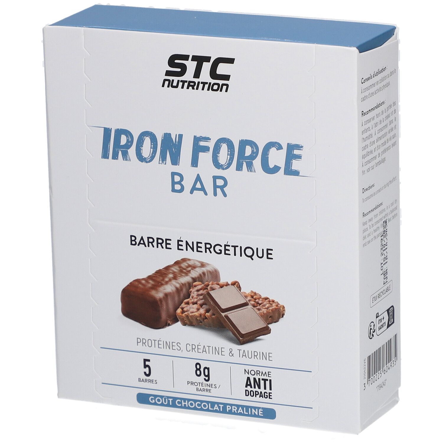 Boîte de STC Nutrition Iron Force Bar. 5 barres, goût chocolat praliné. Contient protéines, créatine, taurine et BCAA.