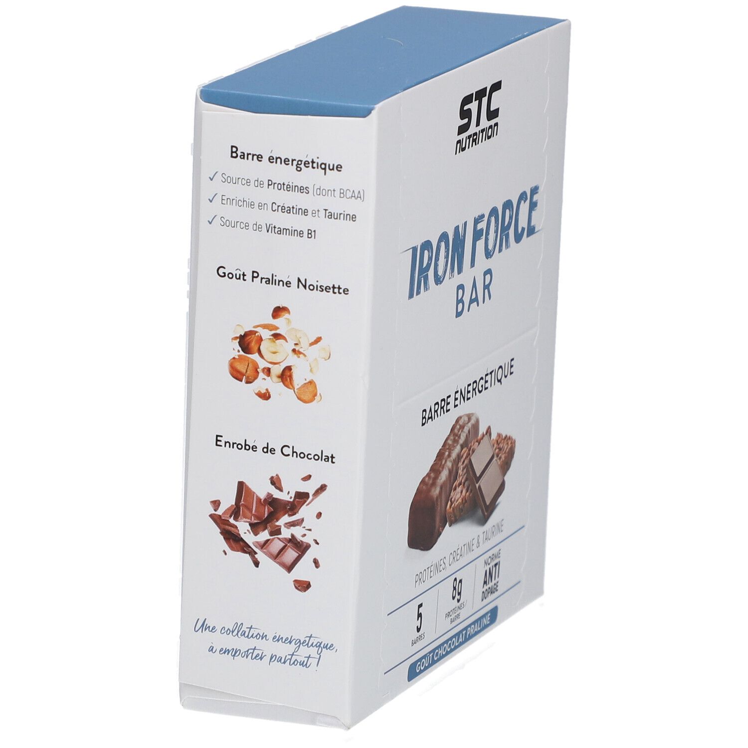 Boîte de STC Nutrition Iron Force Bar. 5 barres, goût chocolat praliné. Contient protéines, créatine, taurine et BCAA.