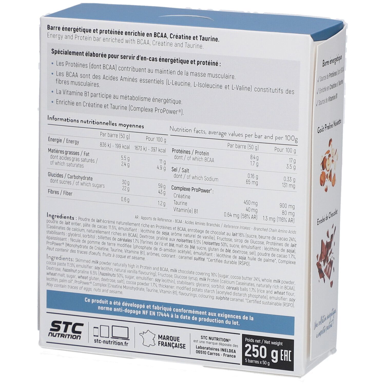 Dos de la boîte STC Nutrition Iron Force Bar. Informations nutritionnelles, liste des ingrédients et informations fabricant.