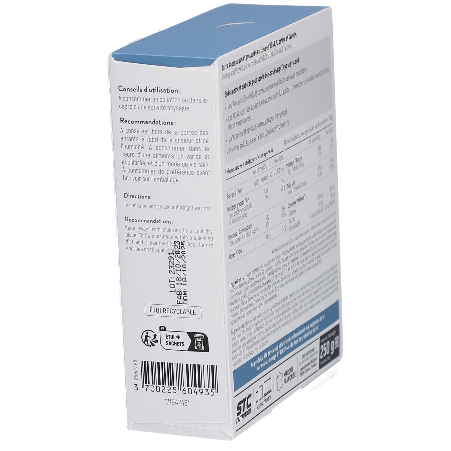 Dos de la boîte STC Nutrition Iron Force Bar. Conseils d'utilisation, avertissements et informations de recyclage.